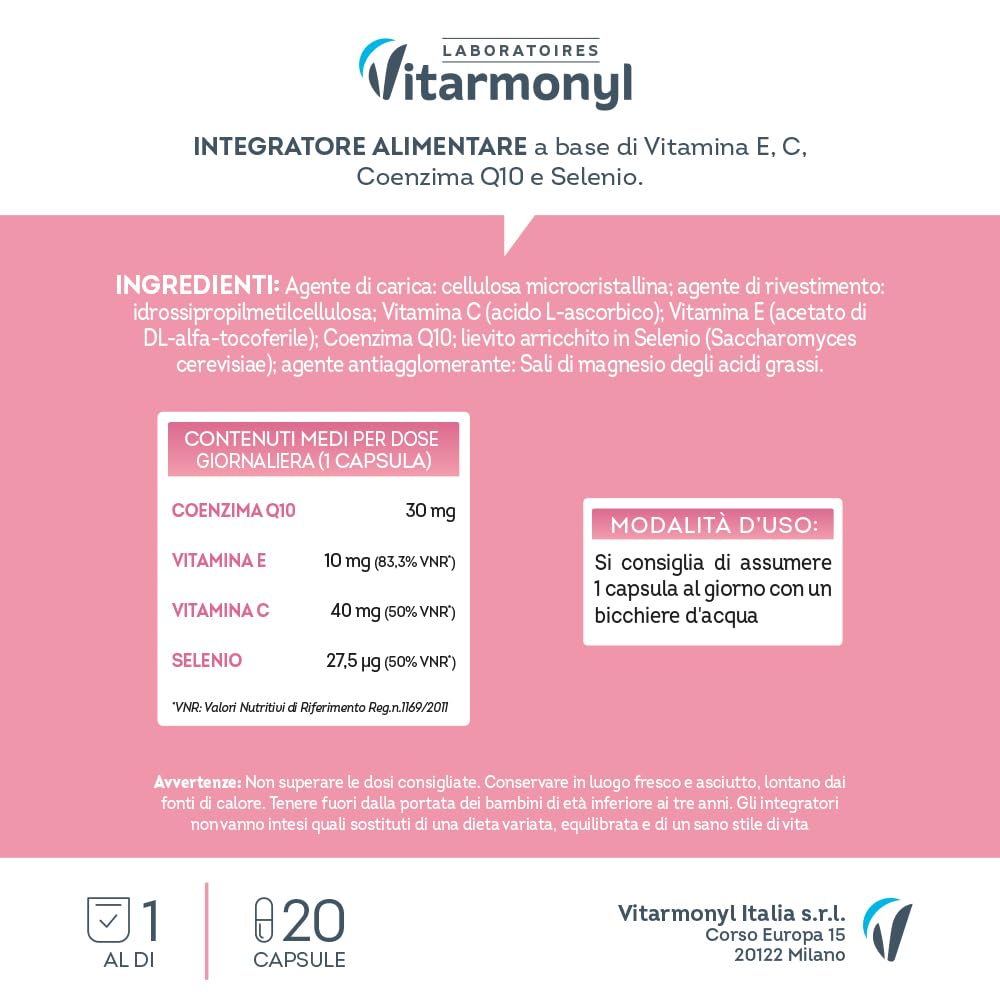 Coenzima Q10 con Vitamina E e C - Integratore Antiossidante per la Pelle e Protezione Cellulare - Benessere della Pelle - 20 Capsule - Vitarmonyl