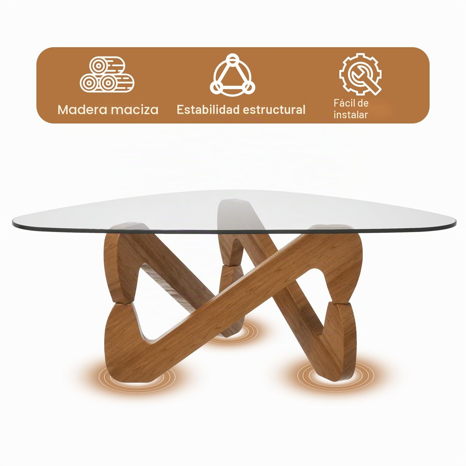 TWSOUL Mesa de Centro Triangular de Vidrio Templado de 82 cm con Base de Madera, Mesa Moderna de salón Elegante para Sala de Estar (Transparente)