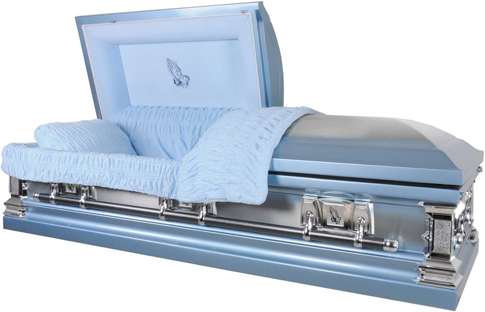 Overnight Caskets 'Praying Hands' Monarch Blue Finish With Blue Velvet Interior 18 Gauge Metal Casket Funeral Coffin
