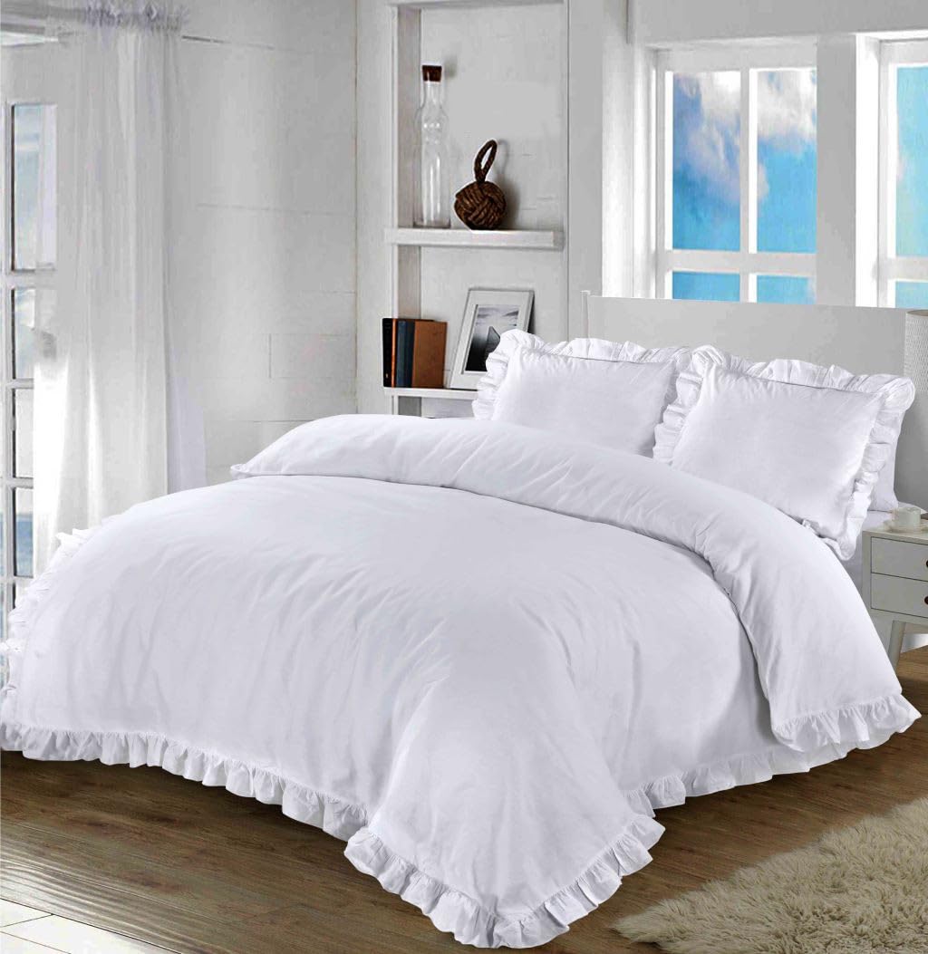 Axcent Comfort Santiago White Ruffle Frill Duvet Cover Sets King Size Frilled Edge Duvet Cover and 2 Pillowcases Ruffled Frills Bedding Poly Cotton Quilt Covers Sets
