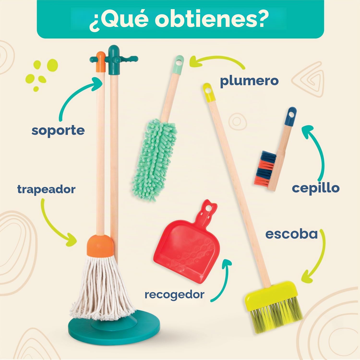 B. toys - Limpiar y Jugar - Set de Limpieza Infantil - Juguete de Madera - Kit de Juegos de Juguete para niños pequeños - Escoba, fregona, Cepillo, recogedor, Plumero - 2 años +