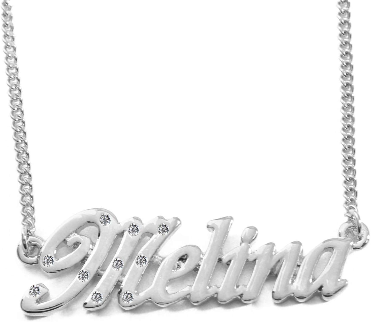 KL Melina Personalised Name - 18K White Gold Plated Necklace - Adjustable Chain 16" - 19" Box