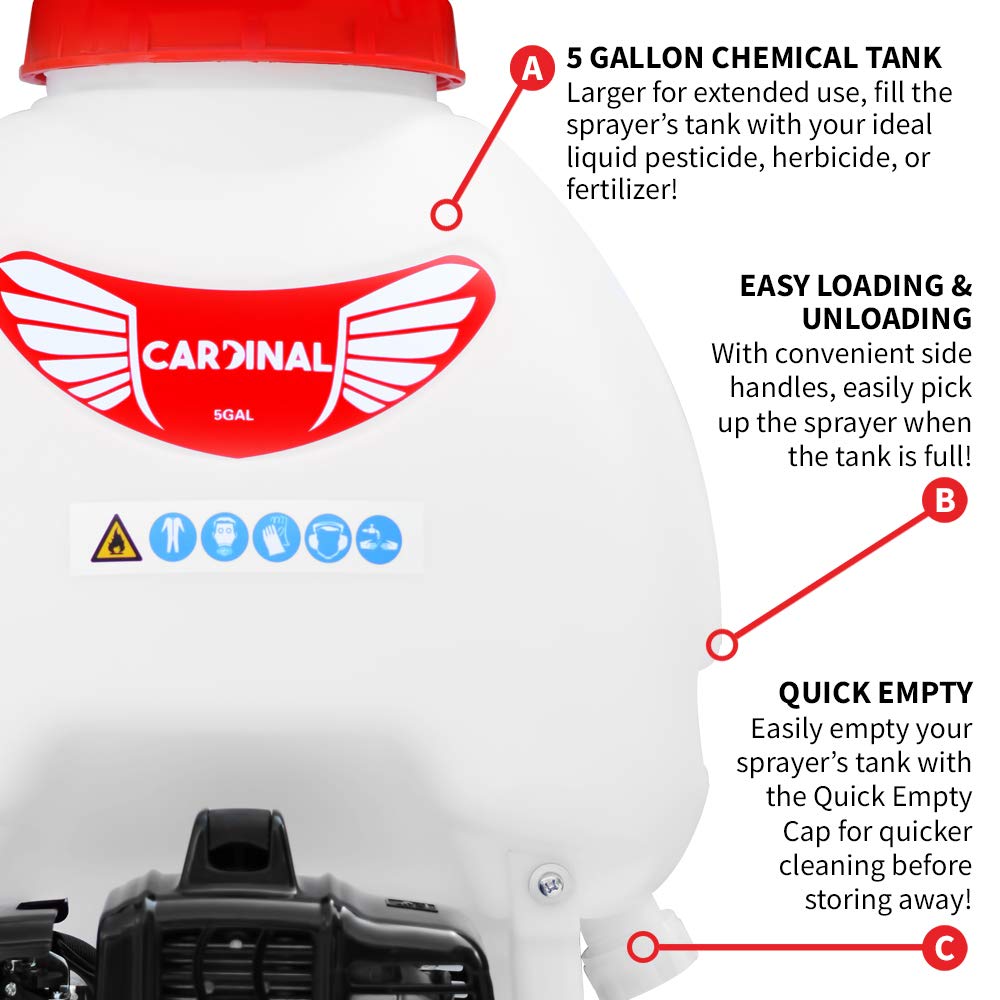 Cardinal Pulverizador de mochila a gas de 1.8 HP, bomba de 435 PSI, boquilla de niebla de tanque de 5 galones
