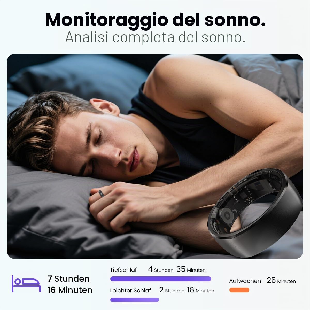 Rogbid Anello intelligente per uomo e donna, con frequenza cardiaca, ossigeno nel sangue, pressione sanguigna, monitoraggio del sonno, fitness Step Tracking, IP69, impermeabile, per iPhone e Android
