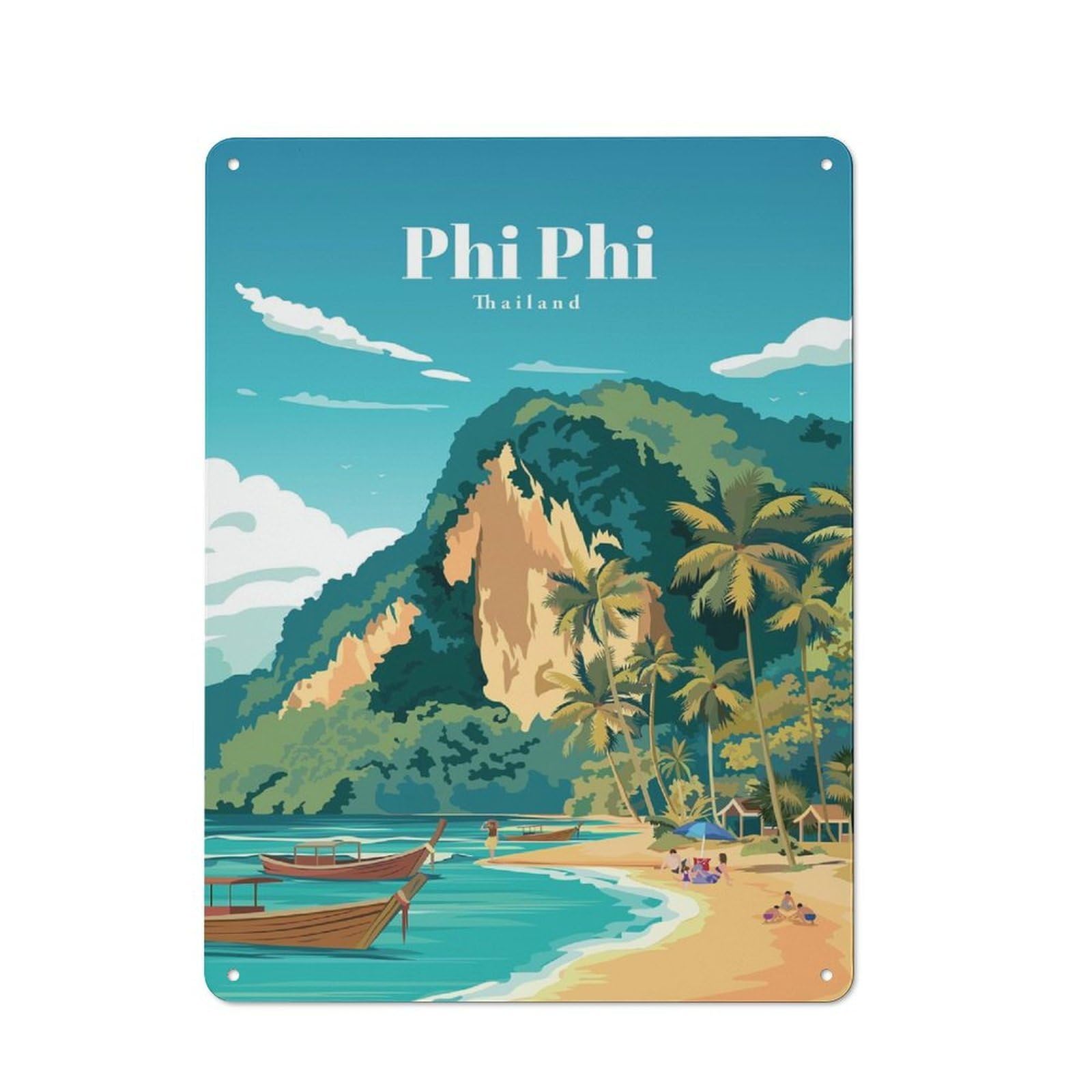 Vintage Tin Sign with Travel to Phi Phi Design 40x30cm, Nostalgic Nostalgic Wall Art for Living Room, Hallway, Kitchen Or Cafe