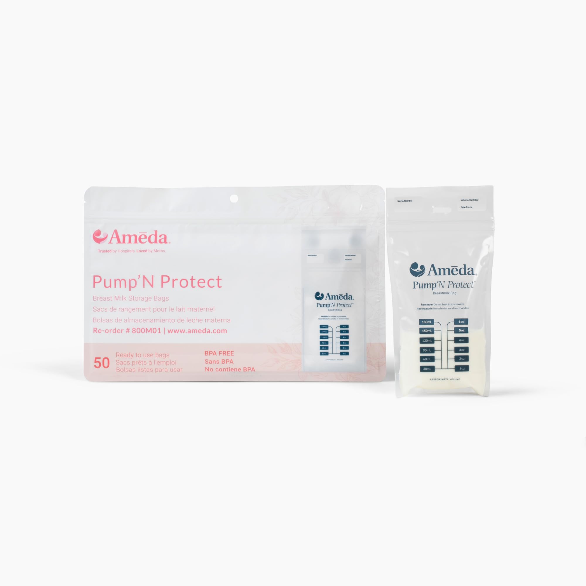 Ameda Pump'N Protect Breastmilk Storage Bag 6oz | 50 Count | Breast Milk Storage Bags for Refrigerator or Freezer | BPA Free | Breastfeeding Essentials | Breastfeeding Supplies