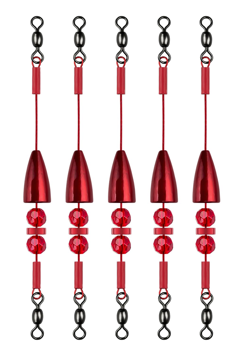 Vipfish Carolina Rig for Bass Fishing, Pre-Rigged Bullet Weight with Swivels, Ready to Use Carolina Rigs with Beads, Saltwater & Freshwater Fishing Tackle (Blood, 3/16oz)