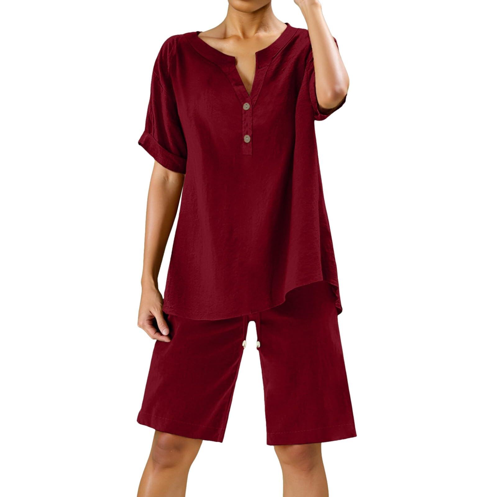 XINGJIAARTS 2 Piece Sets For Women Summer 2025 Casual Button V Neck Short Sleeve Shirts Cotton Linen Sets Outfits Shorts