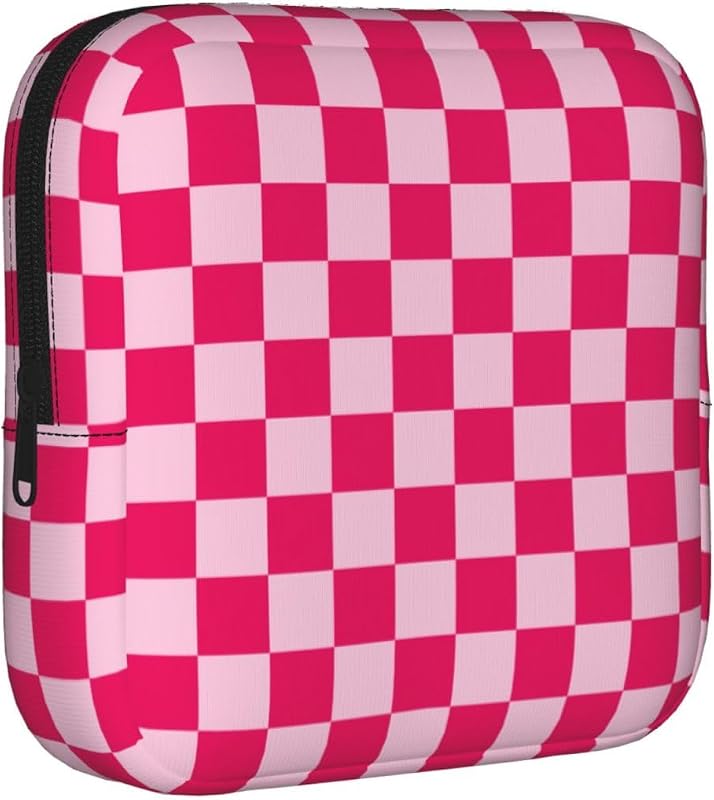 Necessaire quadrada TINUADEE com zíper, estampa xadrez rosa e branca, 20,07 x 4,06 x 12,95 cm