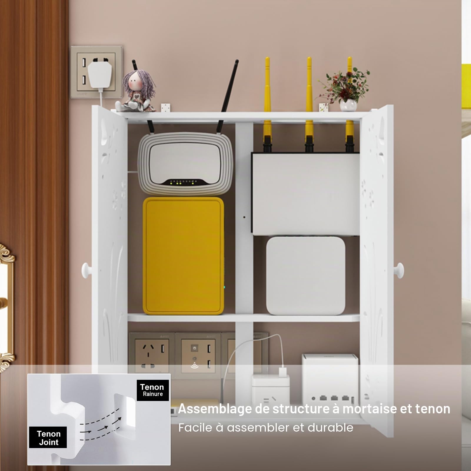 Étagère murale en PVC pour routeurs et prises WLAN - 2 niveaux réglables en hauteur avec portes battantes - Gestion des câbles anti-poussière (boîte à câbles) - Gain de place pour salon