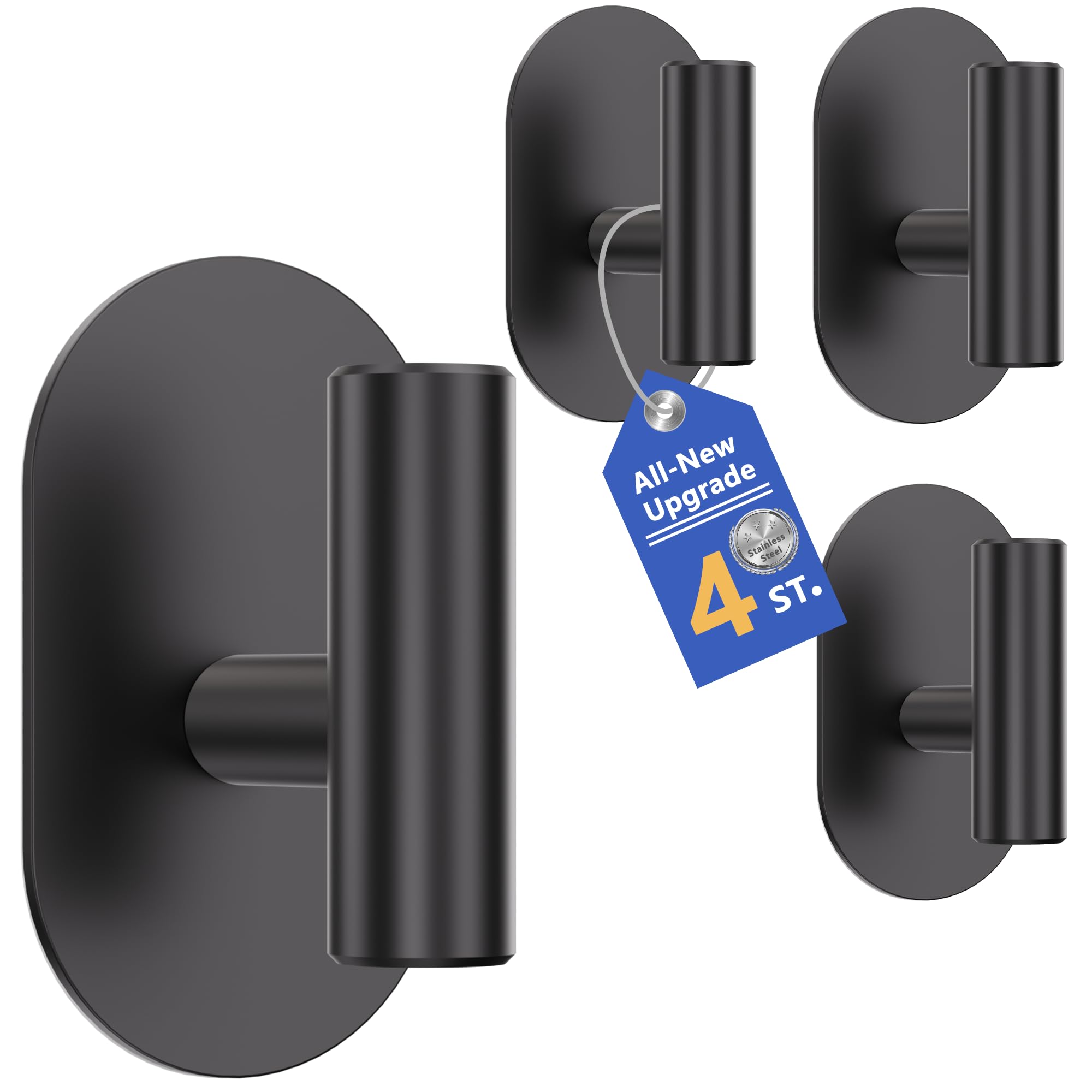 Aikzik 4 Pack Large Self Adhesive Hooks, Stainless Steel Sticky Hook Heavy Duty, Over 12kg Load - Strong Hooks for Hanging for Towel, Coat, Robe, Stick on Bathroom, Kitchen, Door and Wall, Black