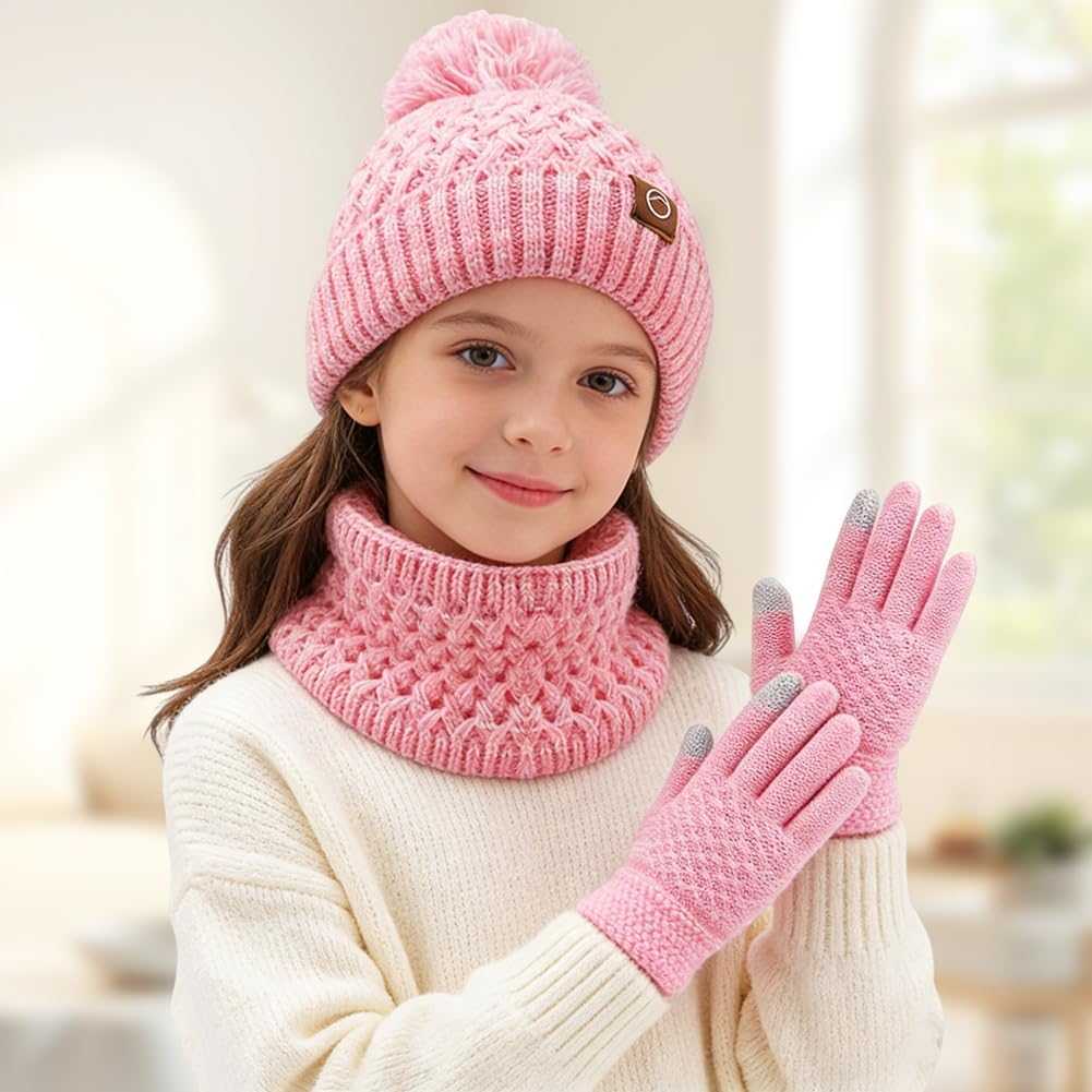 Conjunto Accesorios de Invierno 3 Piezas Niños Set Conjunto de Gorro Bufanda y Guantes Para Niños Gorro Punto Con Forro Cálido Bufanda Guantes Para 3-10 Años