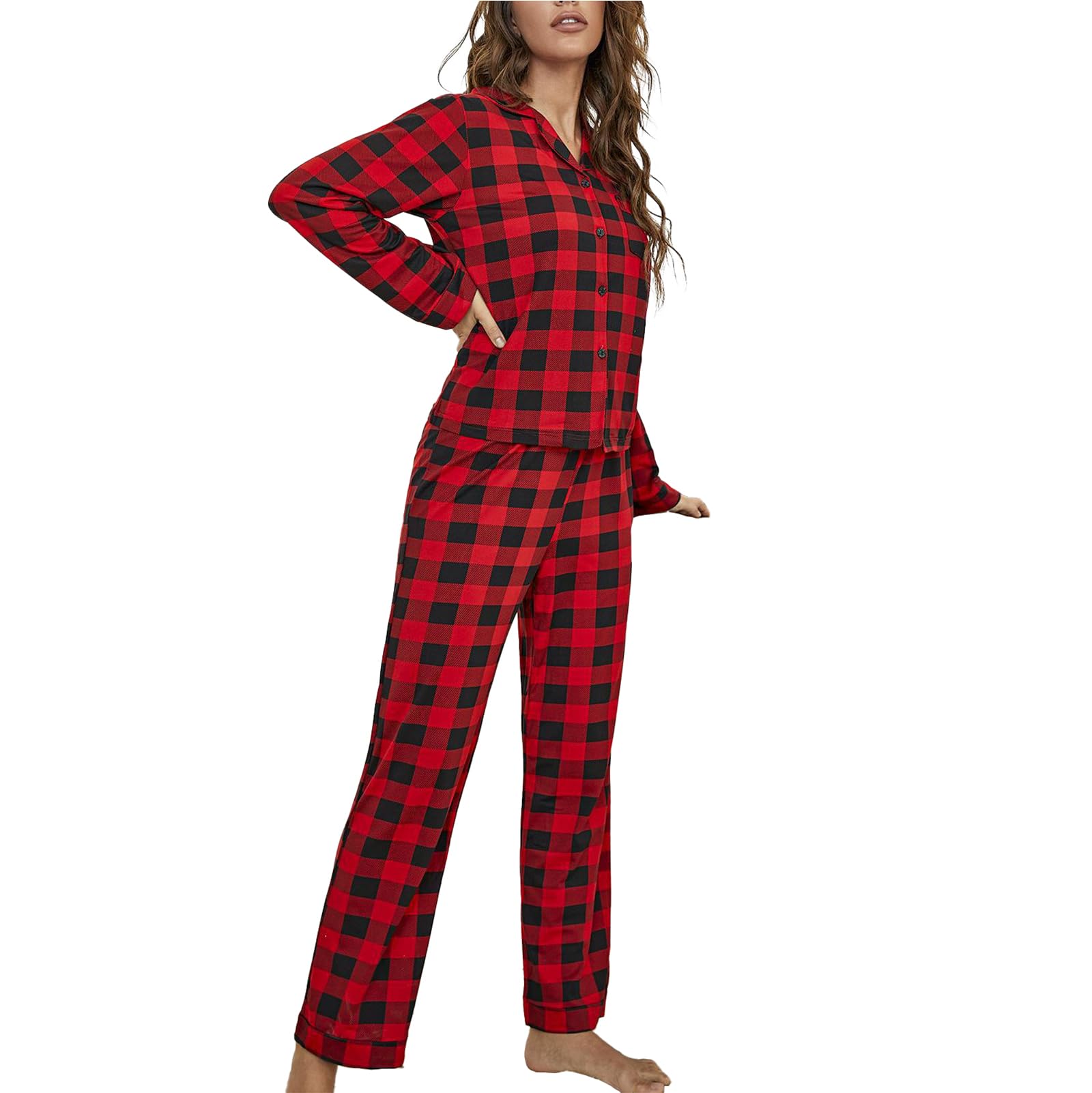 YOPUGEE Women's Pajama Set - Long Sleeve Button-Down Top & Shorts, Soft Modal Fabric, With Pockets (Black & Red Plaid) - View #6