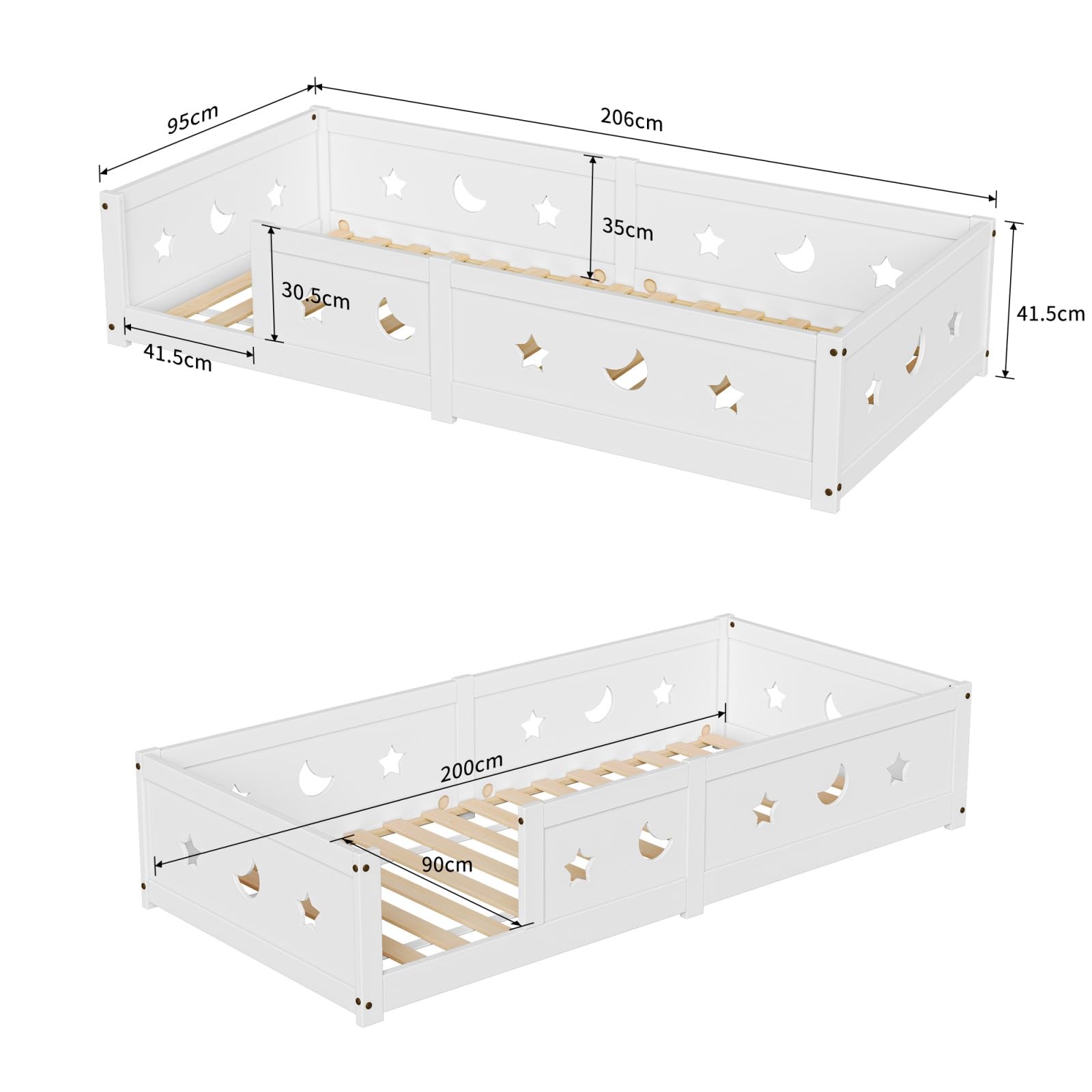 Cama en el suelo para bebé, 90 x 200 cm, cama en el suelo de inspiración Montessori, camas infantiles de madera con barrera de seguridad y somier de láminas, camas individuales para niños y