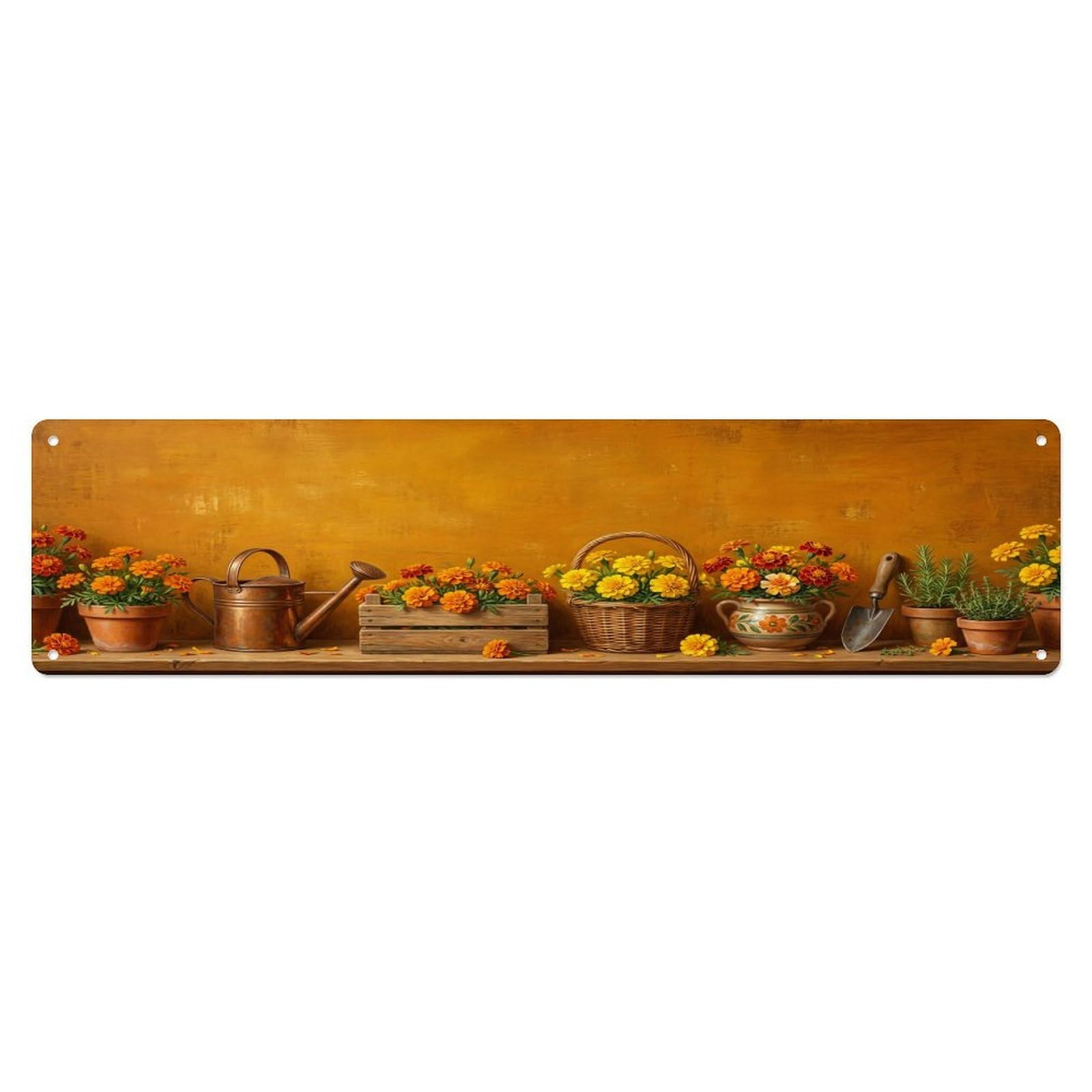 Floral Garden Tools Marigold Pot Pattern Print Metal Tin Sign