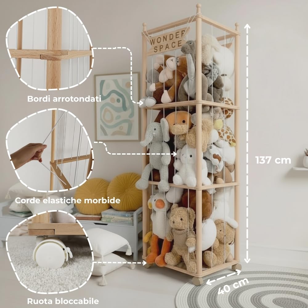 Wonder Space Scaffale in Legno per Peluche con Ruote, Grande Organizzatore Giocattoli per Cameretta, Supporto Sicuro ed Ecologico per Neonati e Bambini (Legno naturale)