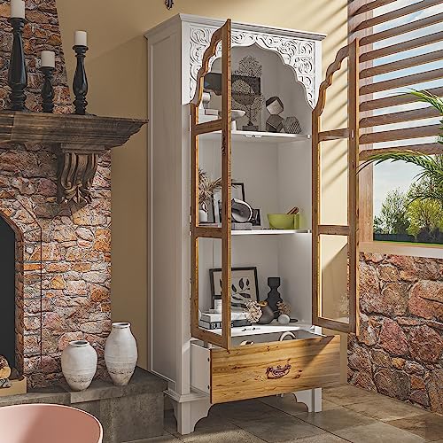 ECACAD Modern 3 Tier Storage Cabinet Bookshelf with Carved Doors Multi Purpose Storage Cabinet with Drawer Shelves Versatile Storage for Living Room Kitchen Home Office White Brown