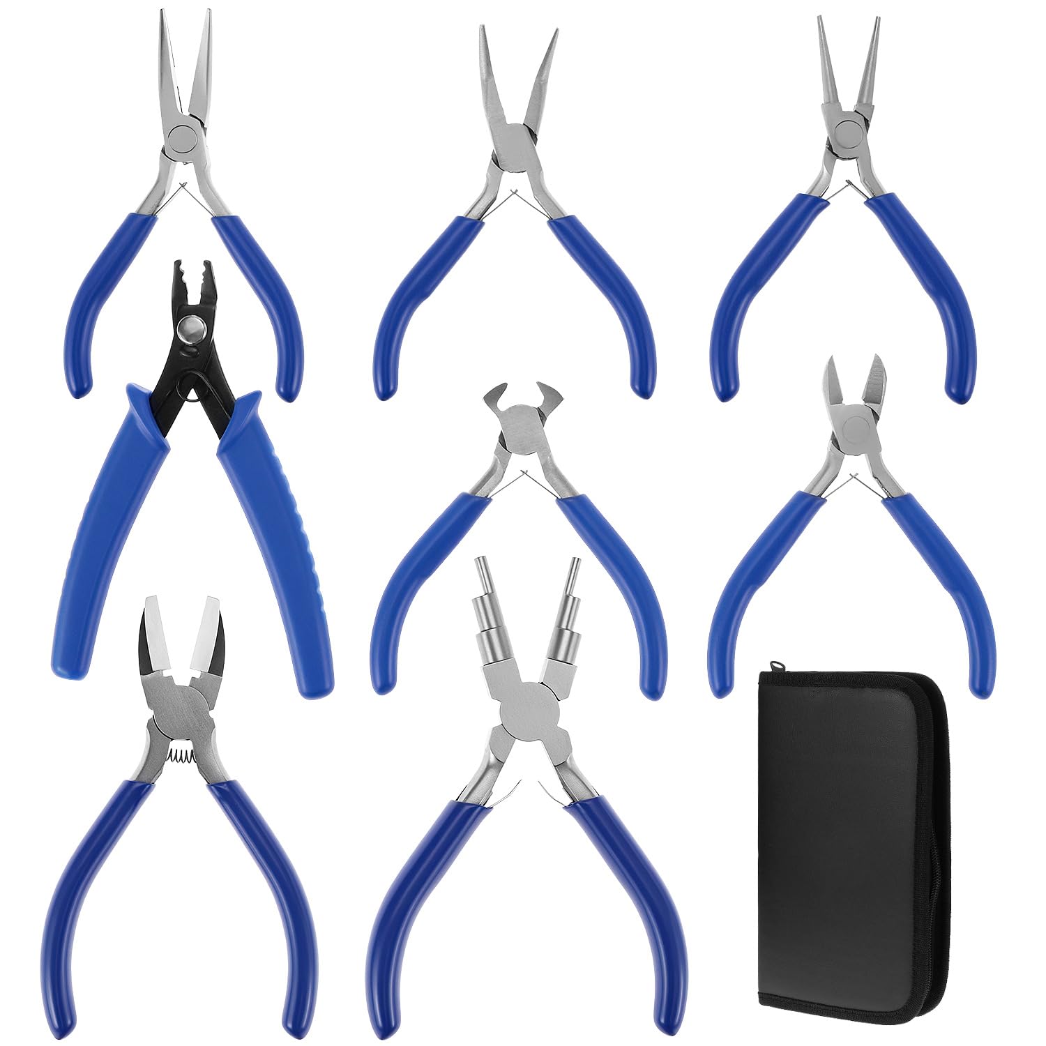 QWORK Lot de 8 pinces pour fabrication de bijoux avec sac de rangement, pour travaux manuels, réparation et projets de bricolage