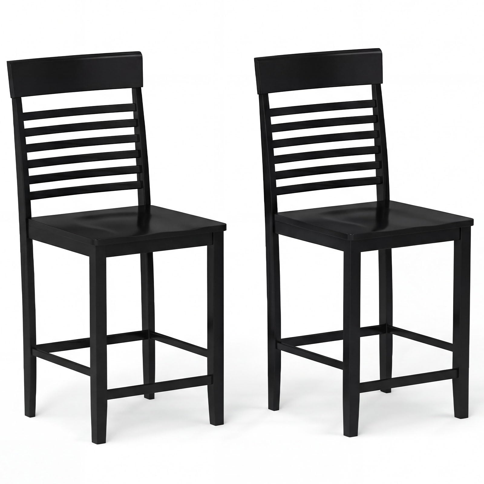 GIANTEX Counter Height Bar Stools Set of 2, 24 Inch Wooden Farmhouse Bar Chairs w/Slatted Back, Footrests, Solid Wood Barstools for Kitchen Island, Dining Room, Pub, Black