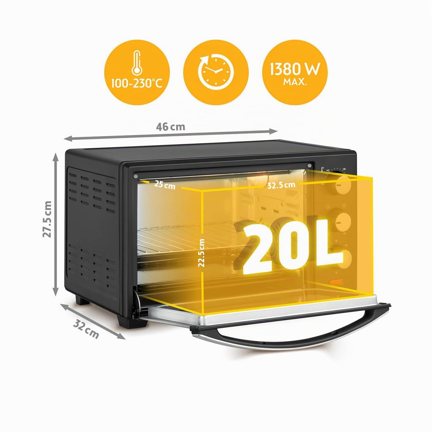 TZS First Austria - Mini Forno 20L 1380W - Fornetto con regolazione della temperatura fino a 230°C - Con timer di 60 min, 3 altezze di inserimento, teglia e griglia - Per cucine piccole e campeggio