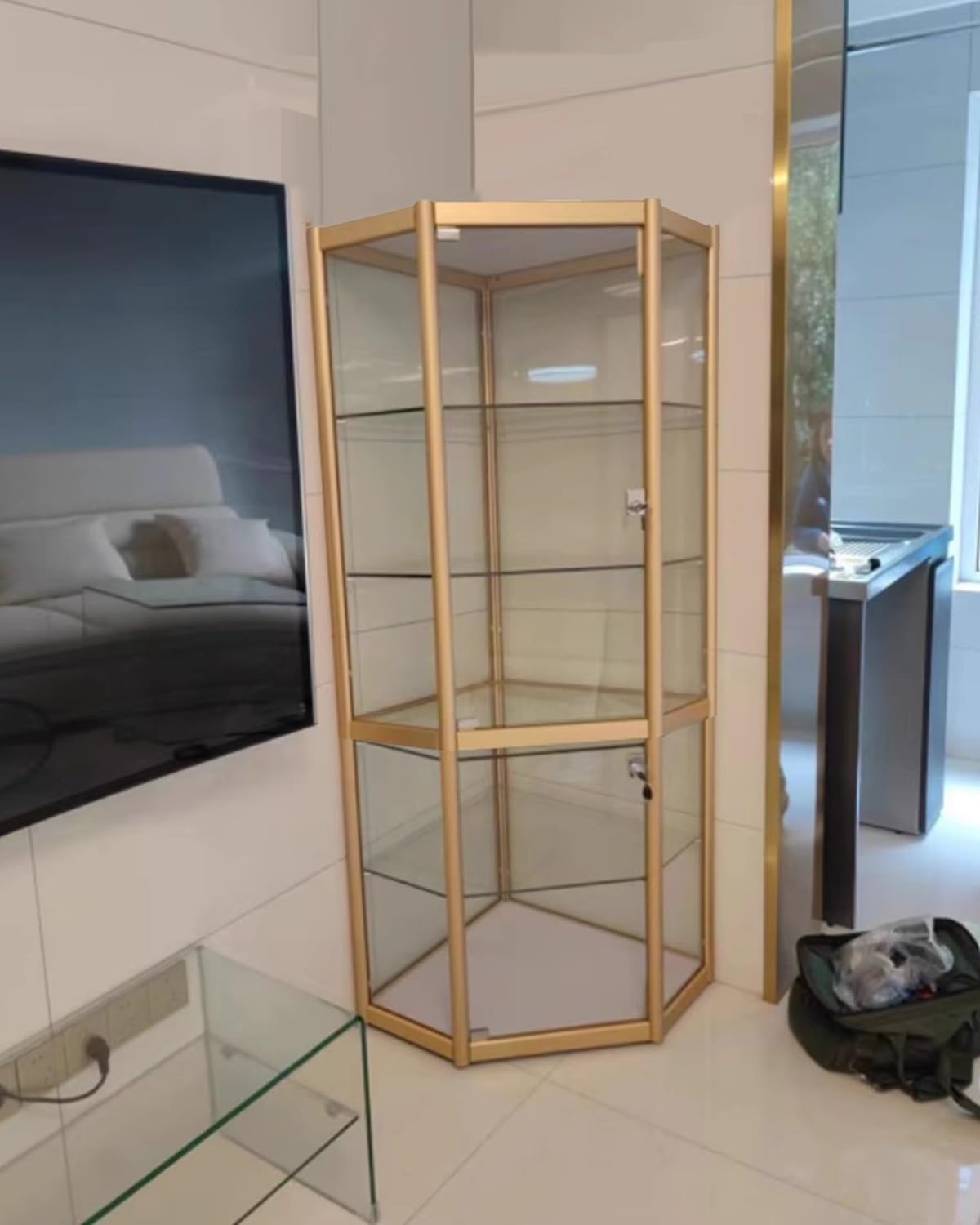 Display Cabinet,Glass Display Cabinets Lockable Curio Glass Display Case with Led Light, Adjustable Shelves Corner Storage Cabinet for Clinic Pantry Trophy, 180cm, Assemble