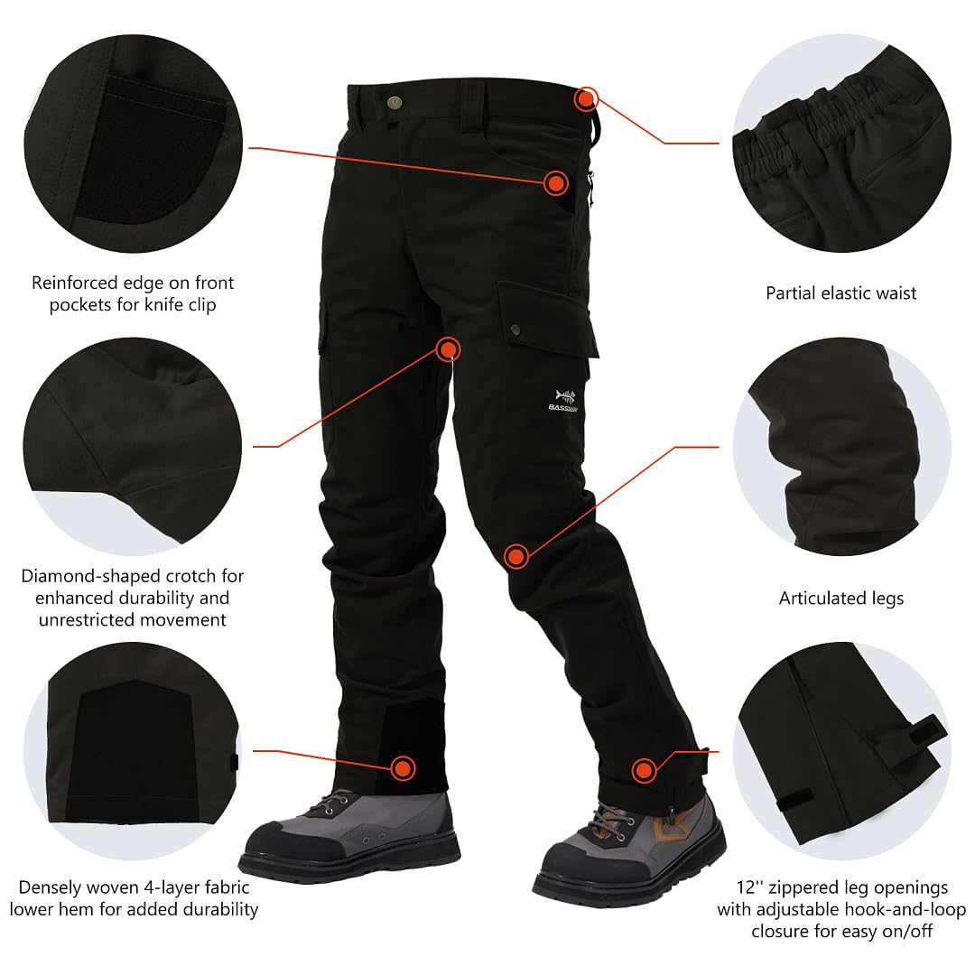 BASSDASH Walker - Pantaloni da caccia da uomo, impermeabili, traspiranti, con tessuto esterno silenzioso, per la pesca di tacchino