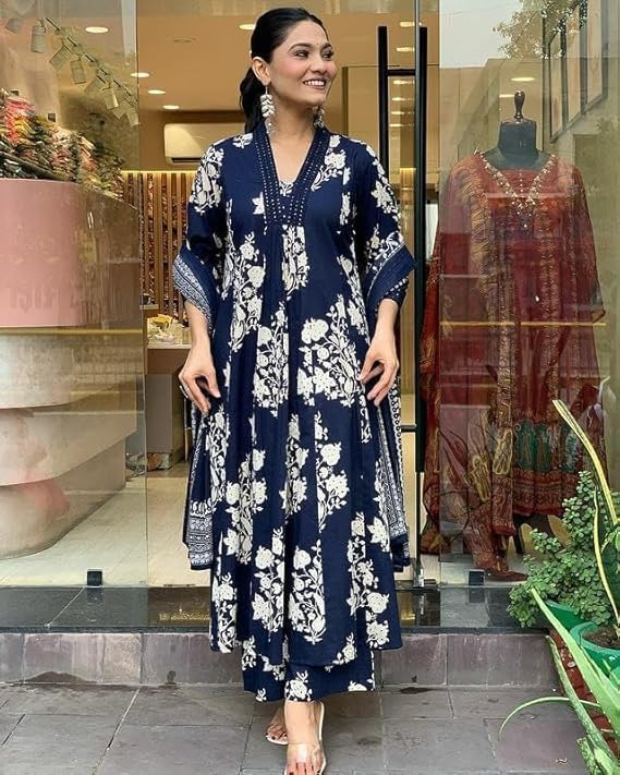 Kurta estampada Anarkali de mezcla de rayón para mujer con palazzo y dupatta festiva para boda, fiesta