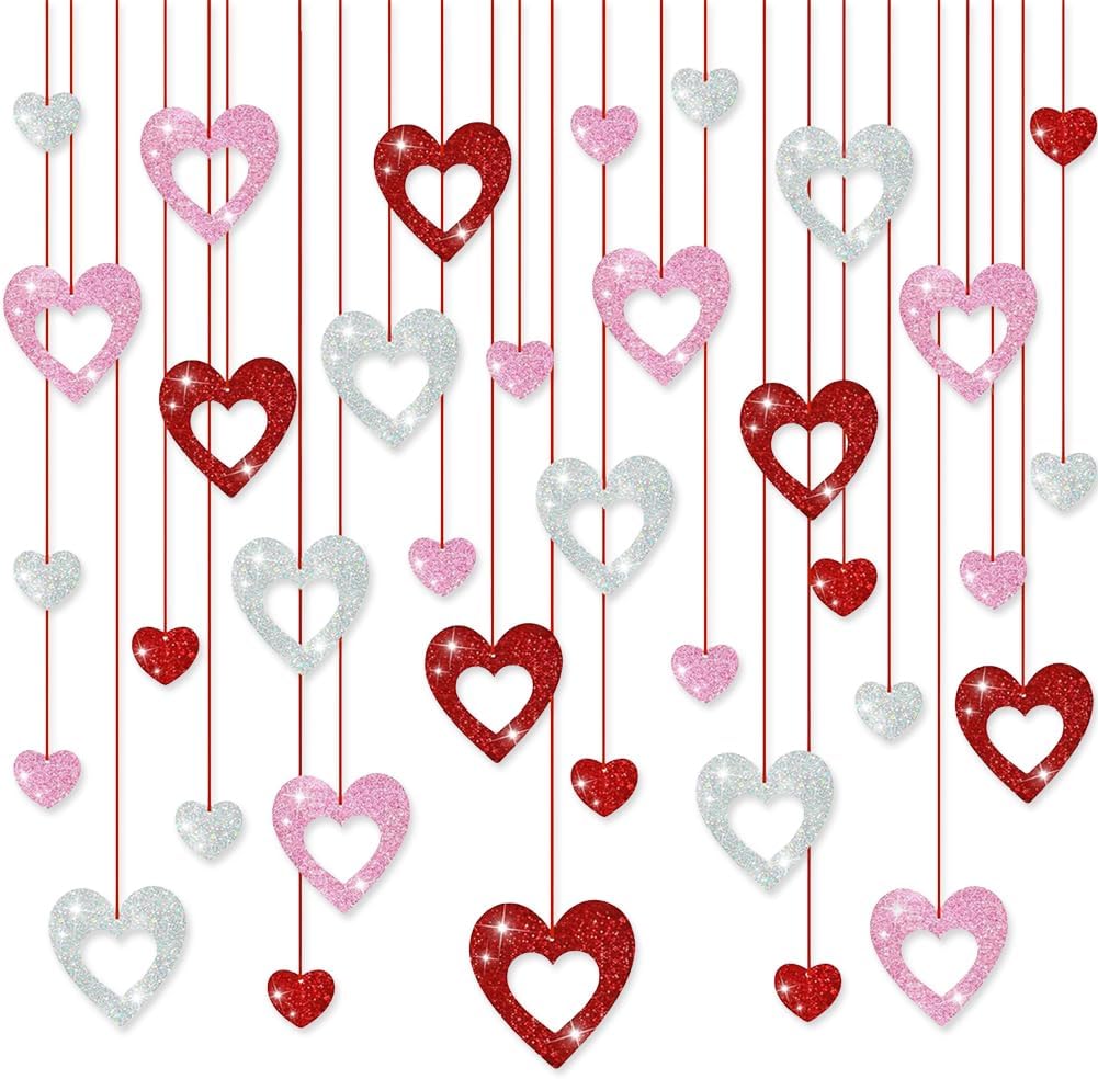 – 36Pcs Heart Hanging Decorations Sparkling Heart Shaped Ceiling Dangling Decor for Valentine's Day Wedding Anniversary Engagement Bridal Shower, Suitable for Romantic Decorations