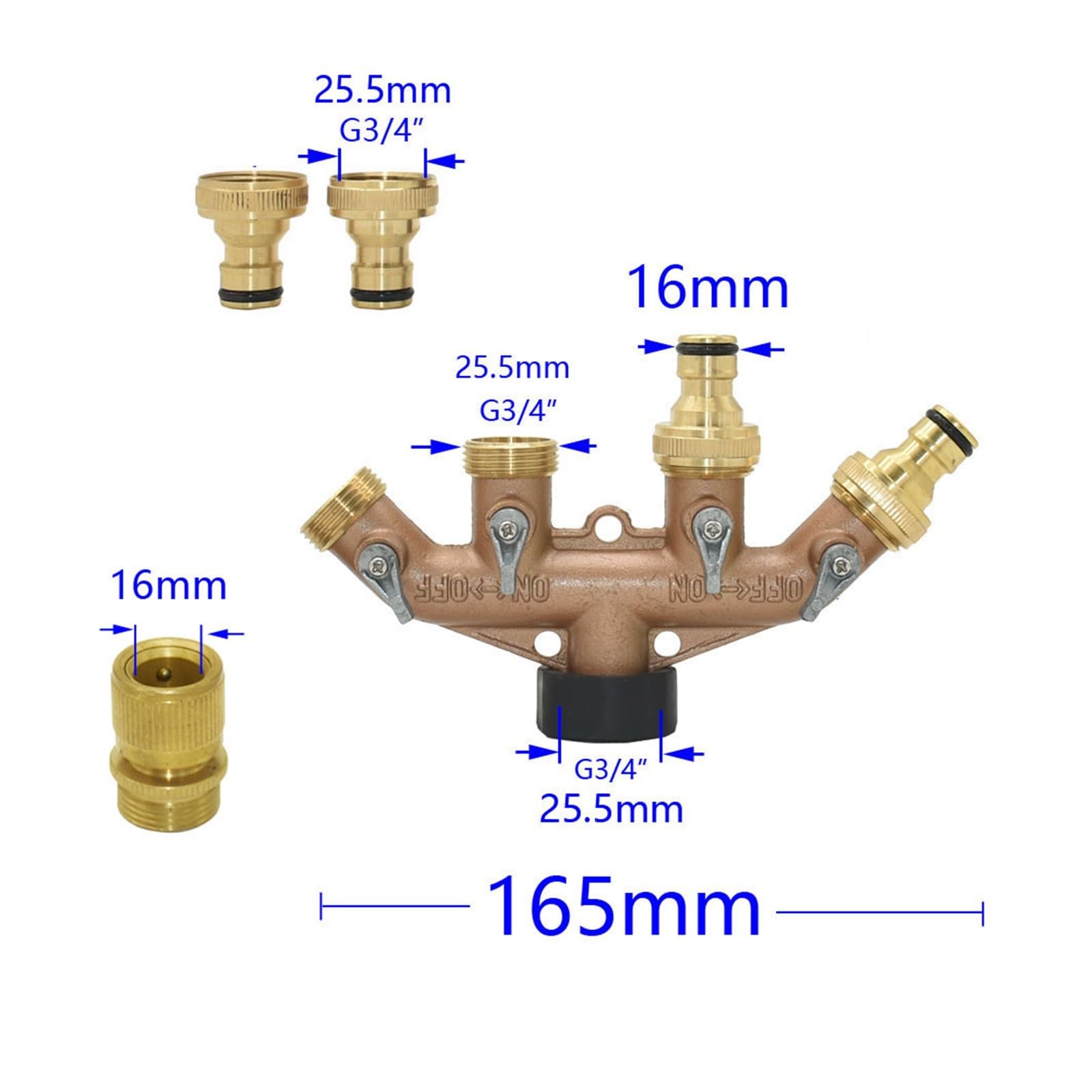 Distributore per tubo da giardino Tuboacqua da giardino Splitter a 4 vie in ottone con filettatura da 3/4 "Rubinetto da giardino Shunt Quattro Qutlet Valvola di irrigazione Connettore rapido 1 pz