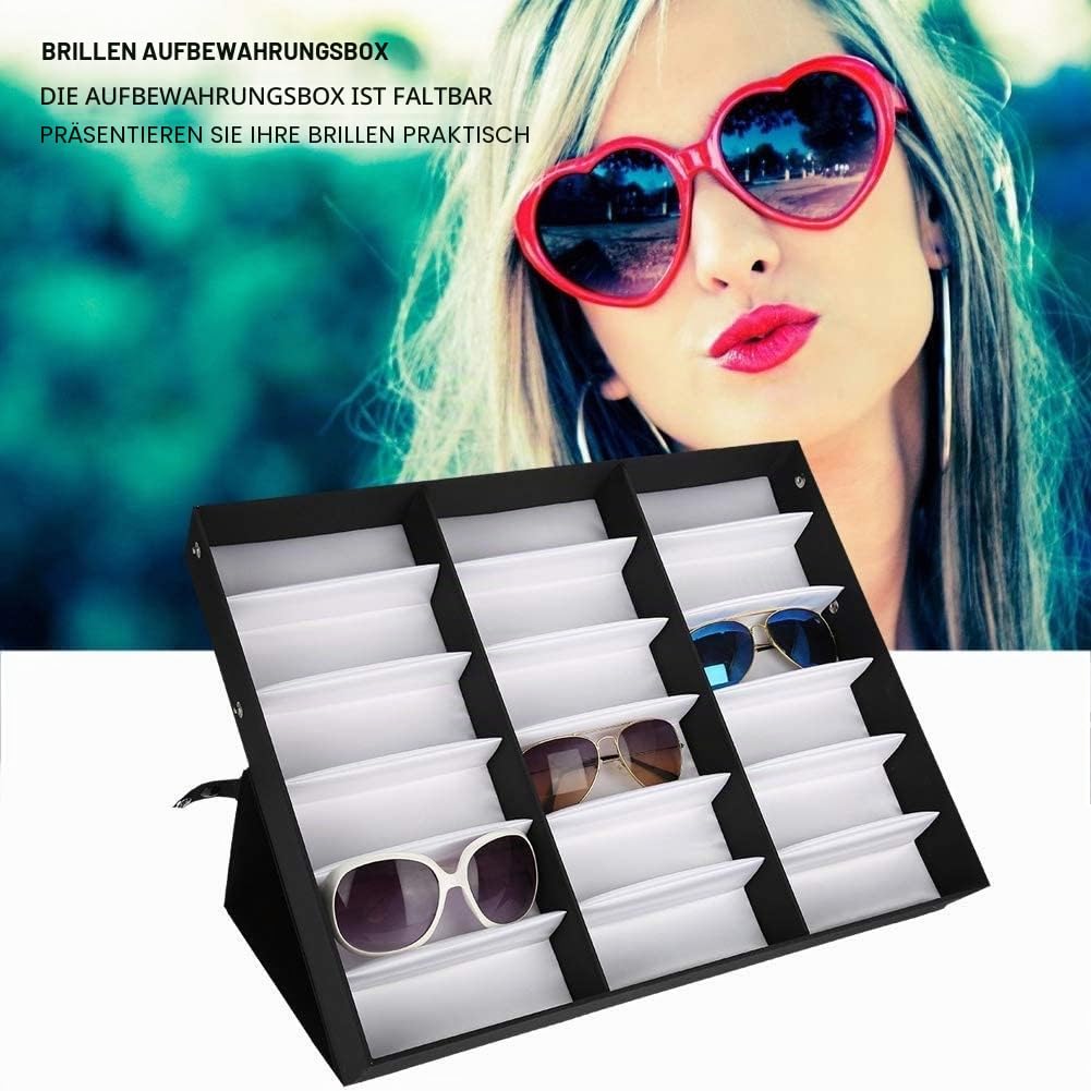 Dioche Brillen Aufbewahrung,18 Gitter Gläser Vitrine Sonnenbrillen Präsentation Brillendisplay Faltbarer mit Staubschutz 47,5 x 37,5 x 6 cm