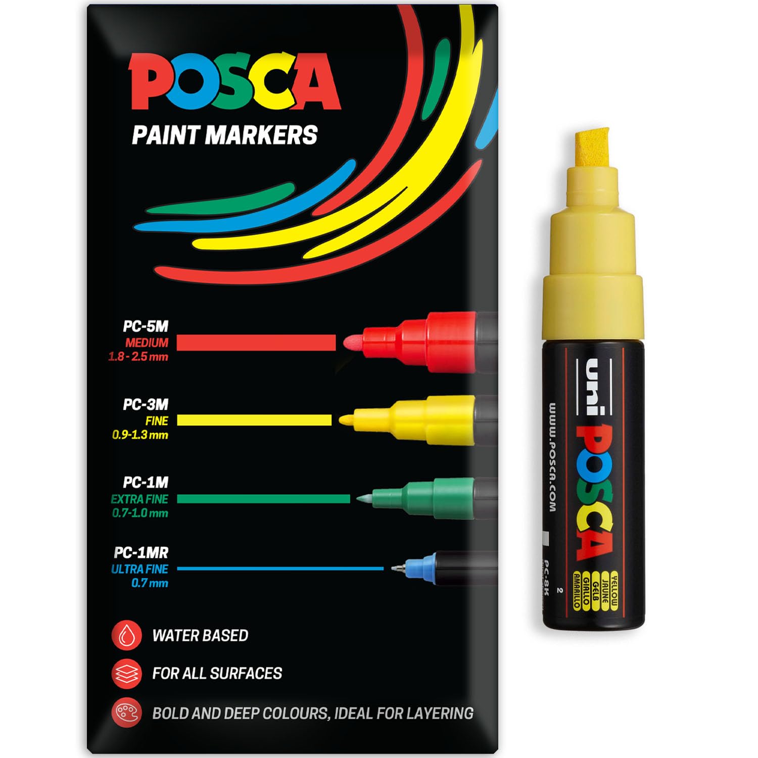 Posca Water Based Acrylic Paint Marker Pens | Multi Surface Use Permanent Paint Pen | Pack of 1 in Envelope Gift Packaging | Glass, Fabric, Wood etc | Chisel Tip PC-8K, Yellow