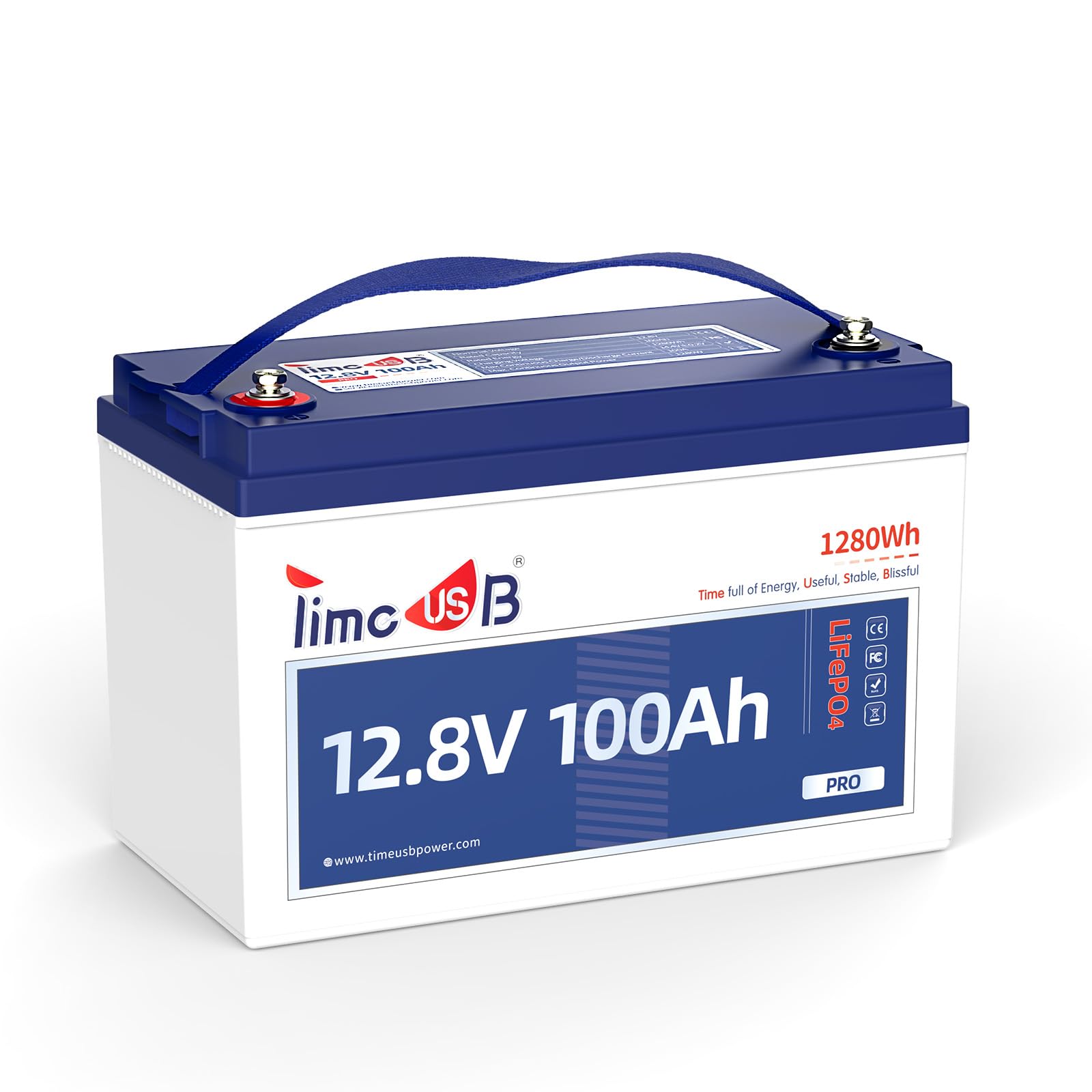 Timeusb Batería LiFePO4 12V 100Ah,1280Wh Litio para Autocaravana | BMS 100A Integrado,4000-15000 Ciclos Profundos,Ideal para Furgoneta Camper,Fuera de La Red,Barco,Sistema Solar
