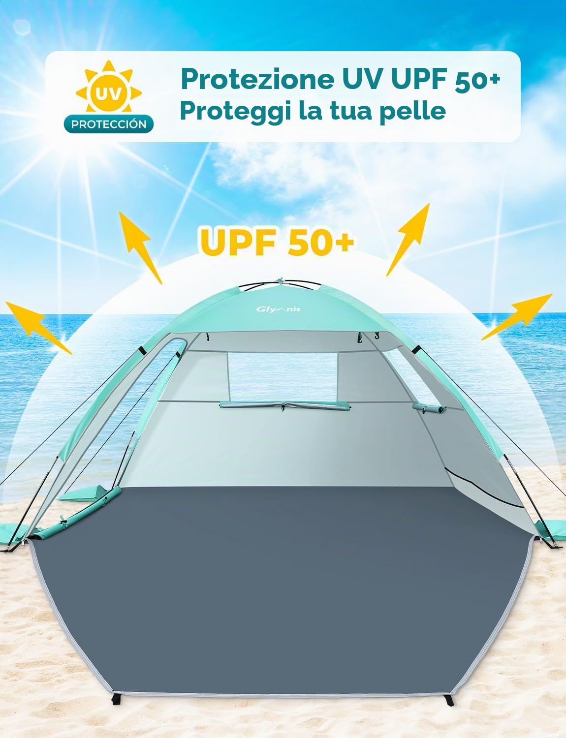 Glymnis Tenda da Spiaggia Portatile con Cerniera, UPF 50+, 2-4 Persone