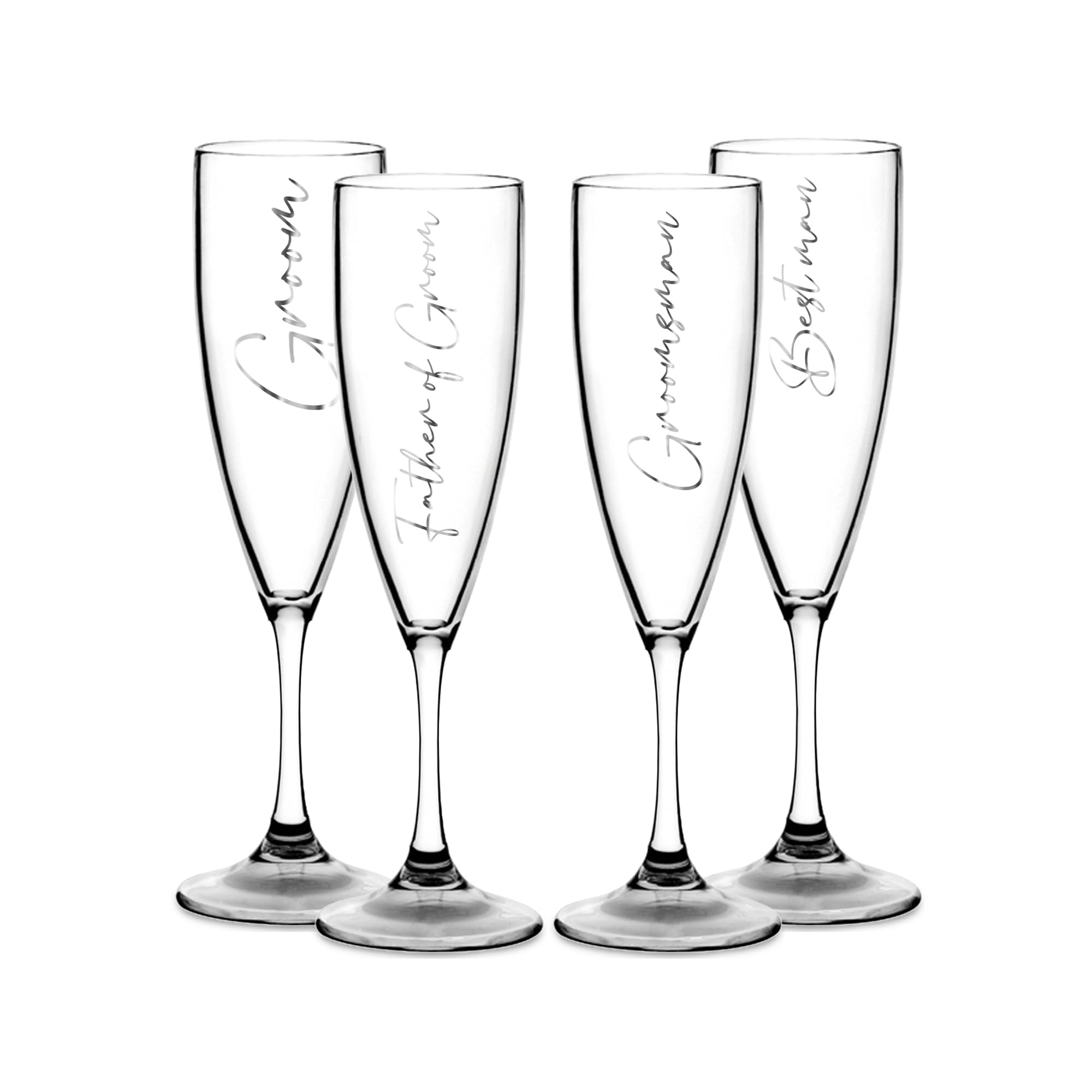 Print Maniacs Champagne Premium Clear Flute Glass Bride Groom Mr Mrs Wedding Maid Honour Wine Cocktail Prosecco Celebrations Gift (Silver, Set of 4 Groom Side Set)