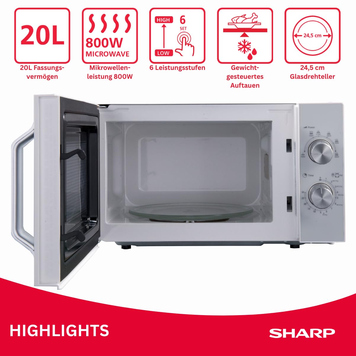 Sharp R204WA Micro-ondes Solo, 20 L, 800 W, 6 niveaux de puissance, minuterie de 30 minutes à 00 secondes, blanc