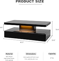 Vista 2 de IKIFLY - Mesa de café LED de alto brillo, mesa de café moderna para sala de estar, mesa de diseño rectangular de 2 niveles con luces LED de 16 Negro
