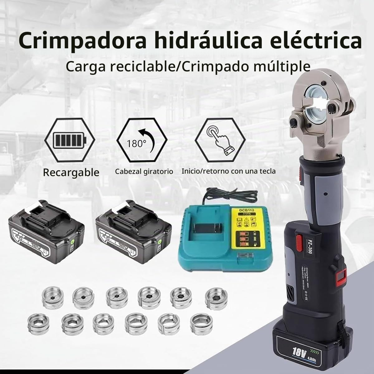Prensa Multicapa Bateria,Prensa Multicapa Electrica,Alicates De Crimpado Eléctricos Con Abrazadera Hidráulica Recargable de 18 V/2,5 Ah,Rango de ngarce 16-300 mm²