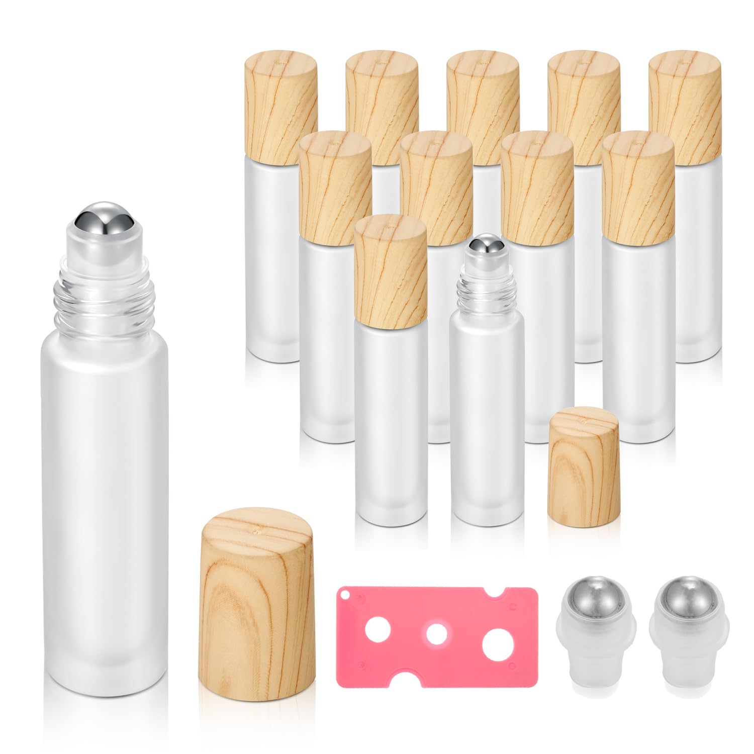 Lot de 12 flacons roulants vides en verre dépoli avec billes en acier inoxydable et bouchons rechargeables pour parfum (12 bouchons en bambou)