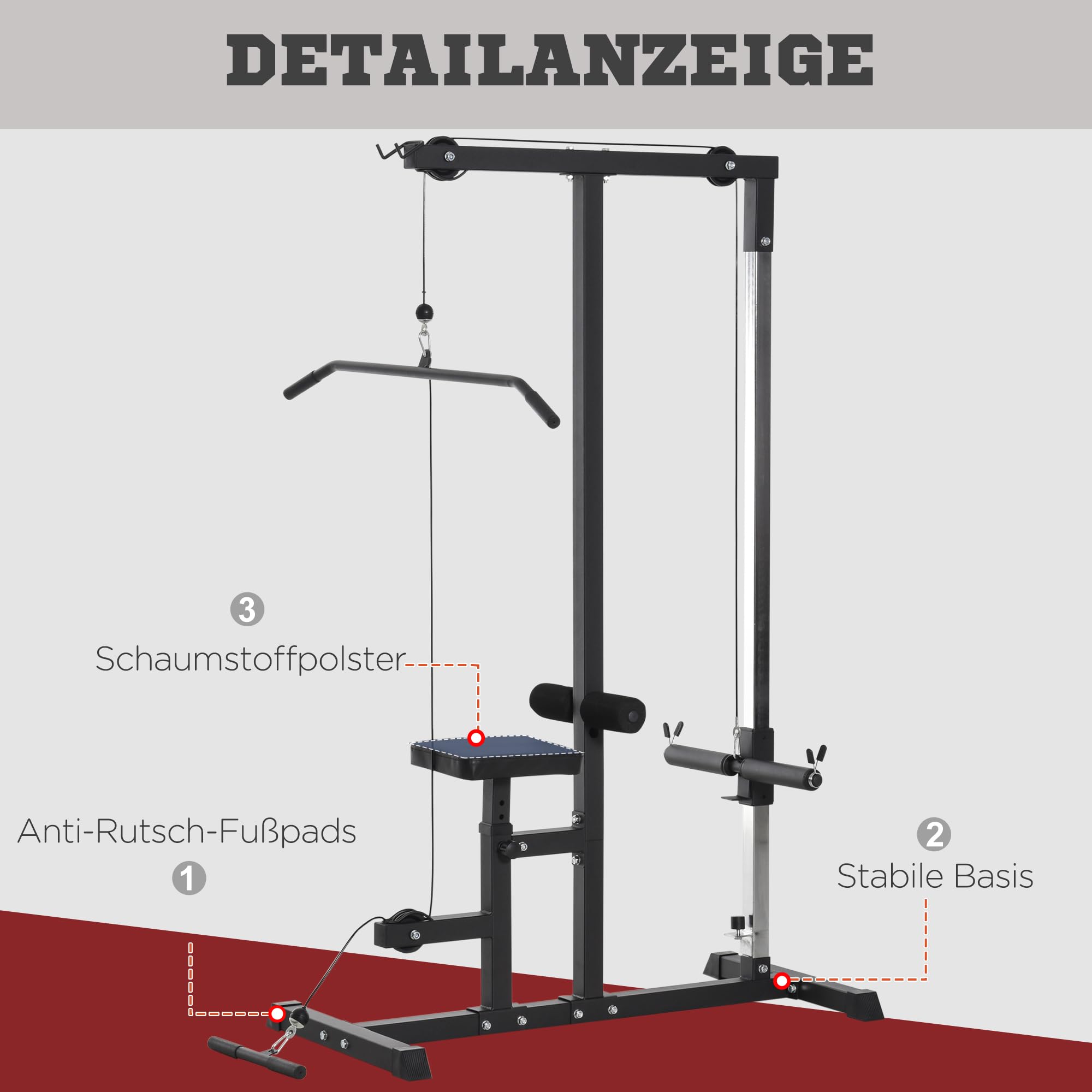 HOMCOM Latzugstation, Verstellbar Latzugturm mit Trizepsstange Latzugstange, Kabelzugstation bis 280kg Belastbar, Fitnessstation, Latzugmaschine, Latzug-Station für Zuhause Stahl Schwarz