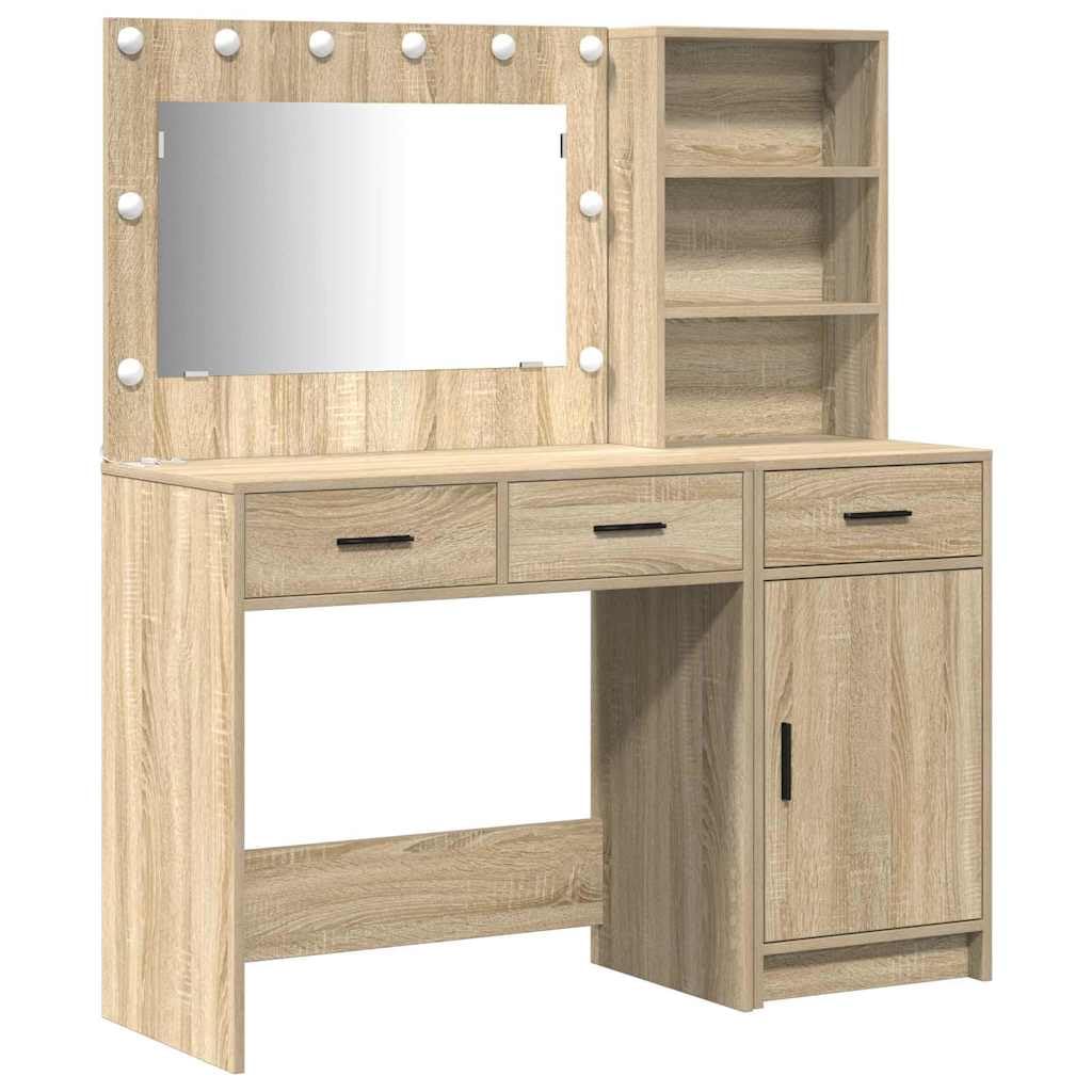 Tavolo da trucco in legno multistrato marrone con specchiera e luce LED, scrivania con cassetti e portaoggetti, mobiletto consolle salvaspazio per camera da letto