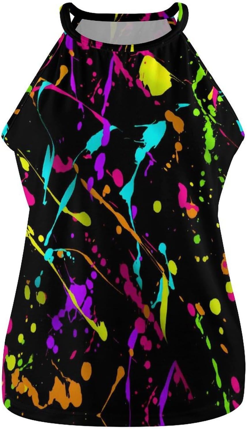 Glow in Dark Splatter Neon Women's Round Neck Vest Sleeveless Tank Tops Casual T-Shirts - Image 4