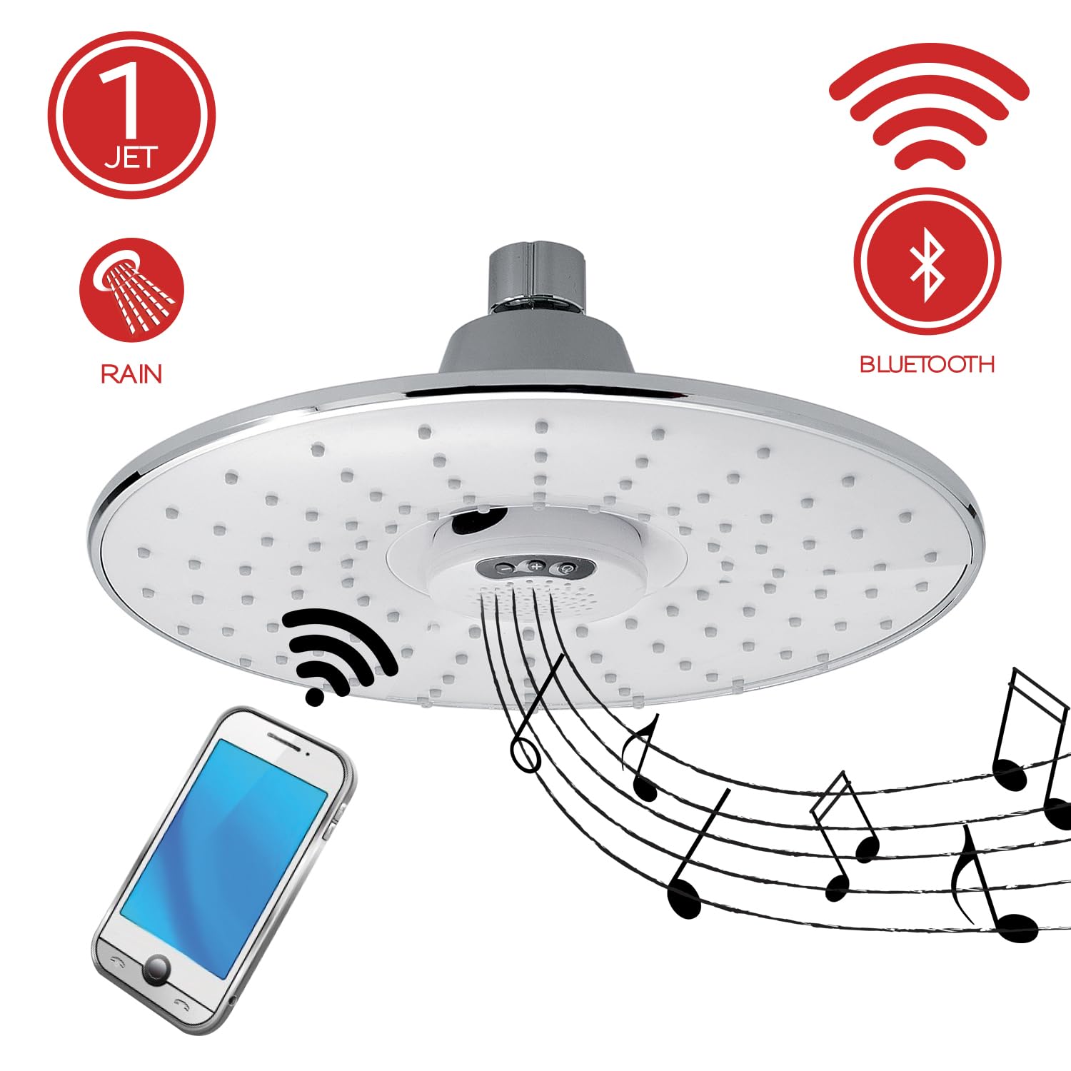 Gedy Słuchawka prysznicowa antykamienna chromowana muzyka 00, okrągła głowica prysznicowa średnica 23 cm, wyjmowana wbudowana obudowa Bluetooth, 1 typ deszczu, regulowana głowica prysznicowa 360°
