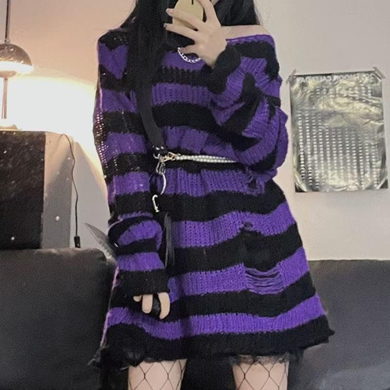 Womens Oversized Goth Punk Ripped Striped Long Sleeve Pullover Sweater Dress Tops Streetwear - Image 2
