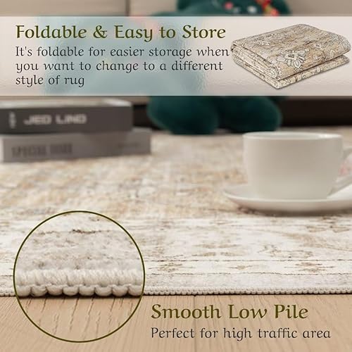 Miniatura 5 de HOMFINE Alfombra lavable a máquina de 5 x 7 pies, diseño vintage con alfombras antideslizantes para sala de estar, dormitorio, alfombra con