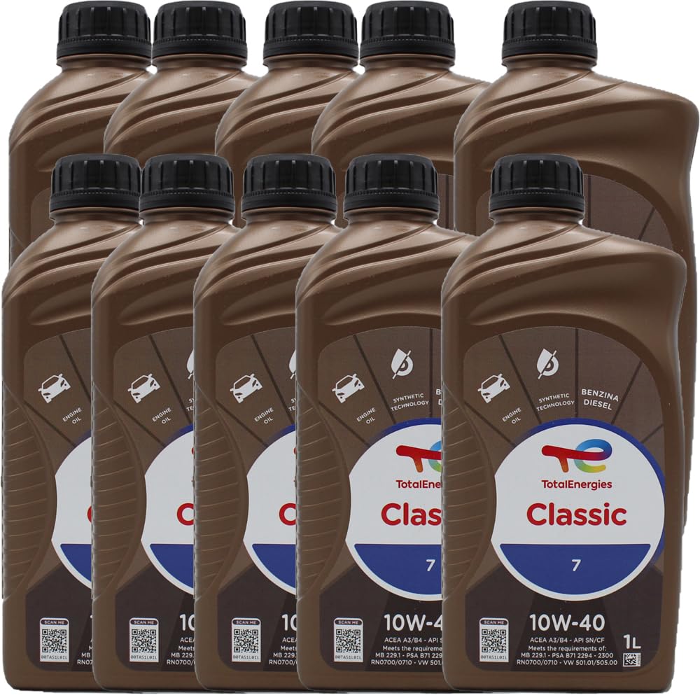 TOTAL 218996 CLASSIC 7 NUOVA FORMULA OLIO MOTORE A BASE SINTETICA 10W40 PER MOTORI DIESEL E BENZINA SENZA DPF. ADATTO ANCHE PER MOTORI GPL/METANO. CONFEZIONE 10 LITRI