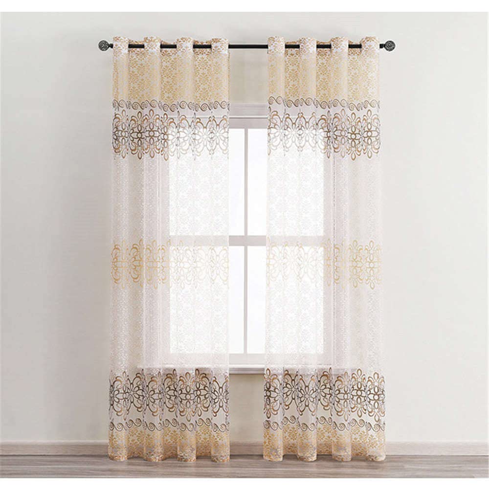 GIVBRO Eyelet Drapes Sheer Curtains Flower Patterned Window Treatments Voile Transparent Door Curtain Panel Brown, 132 * 160cm
