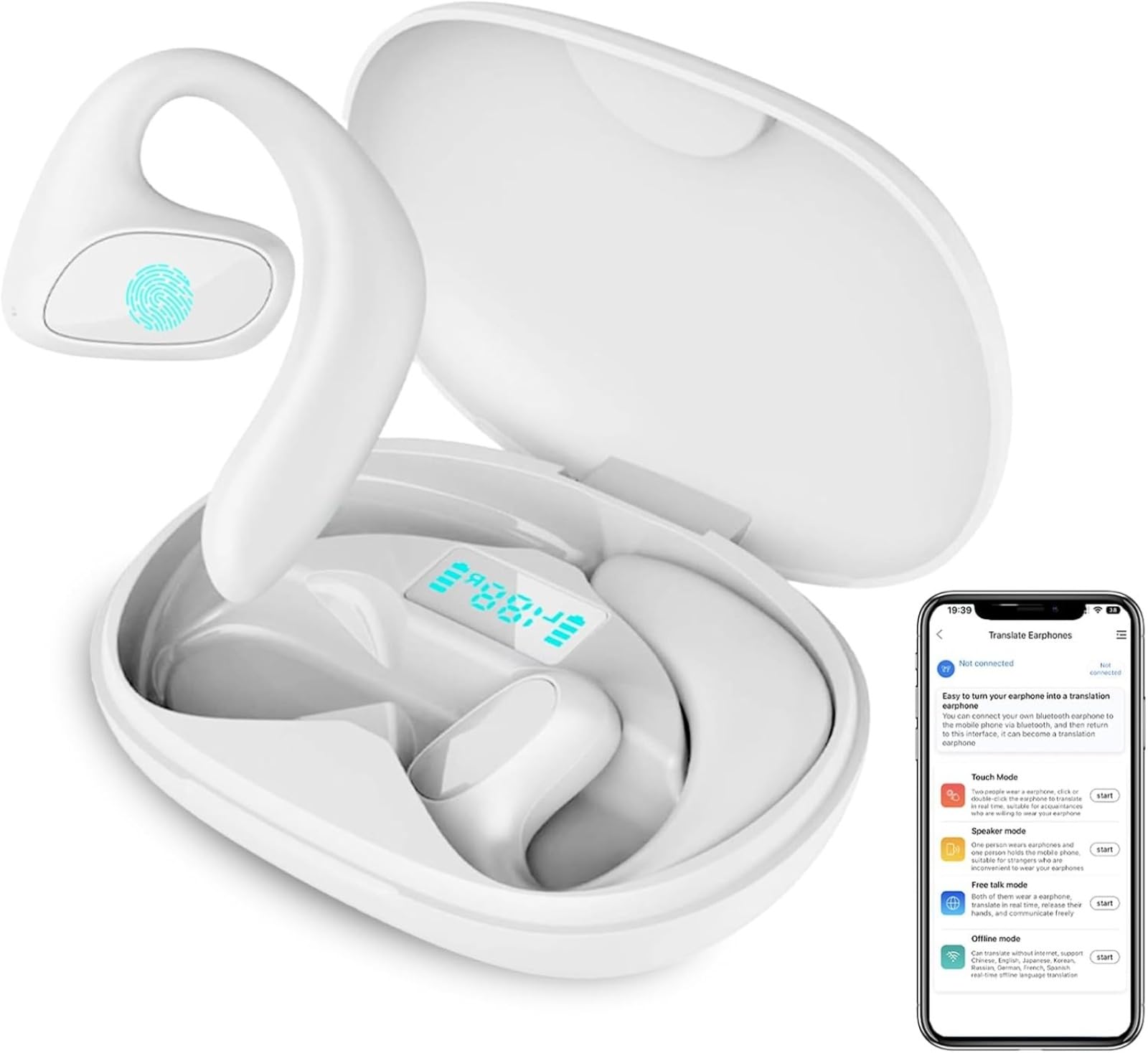 Cuffie a conduzione ossea, auricolari con gancio per l'orecchio, controllo touch, custodia di ricarica con display a LED, impermeabile IPX7, per pendolarismo in ufficio sportivo