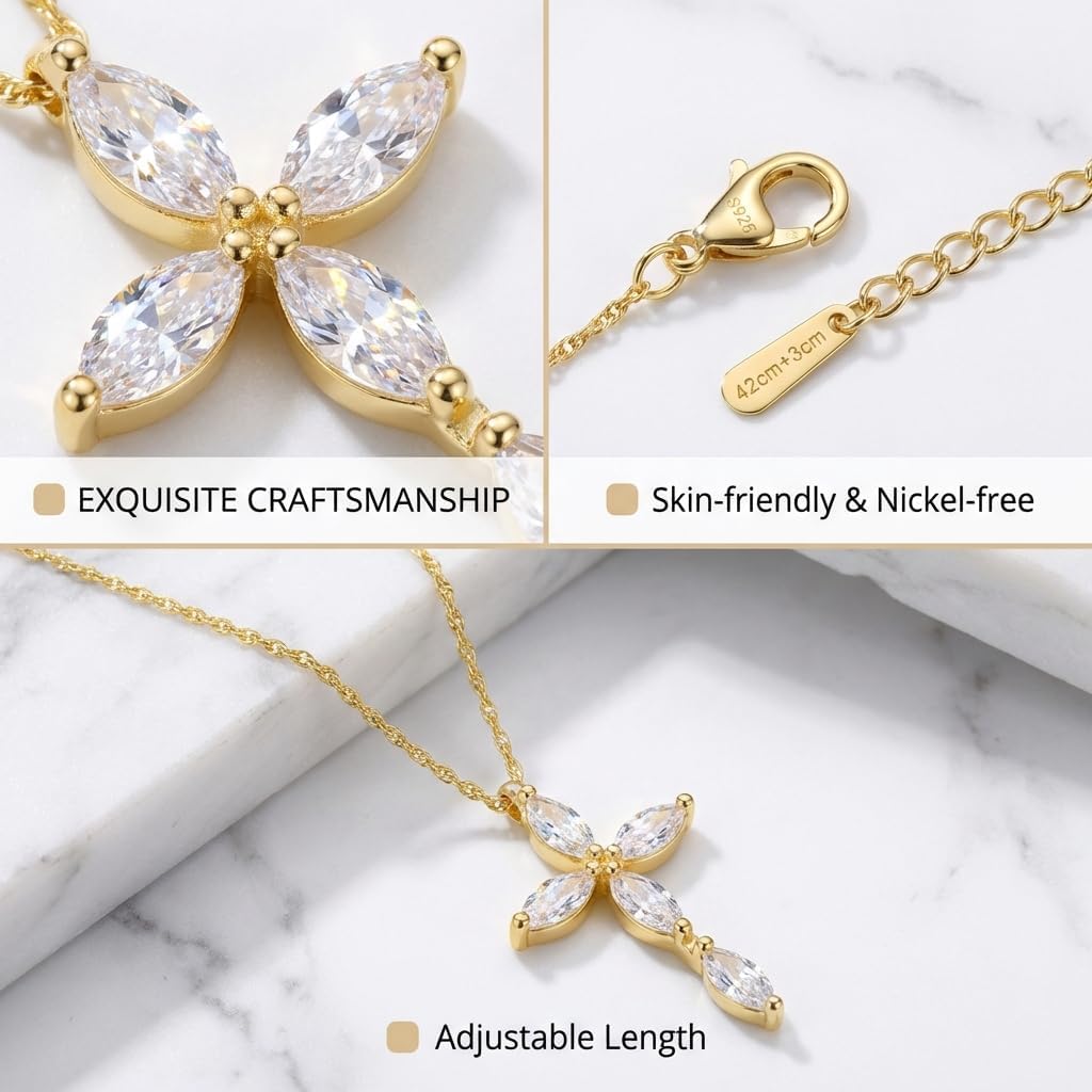 S925 Sterling Silver Cross Necklace for Women with Cubic Zirconia, 14K Gold Plated Dainty Small Cross Pendant Necklace, Faith Women Cross Necklace, Elegant Jewelry Valentines Day Gifts for Her - Image 4