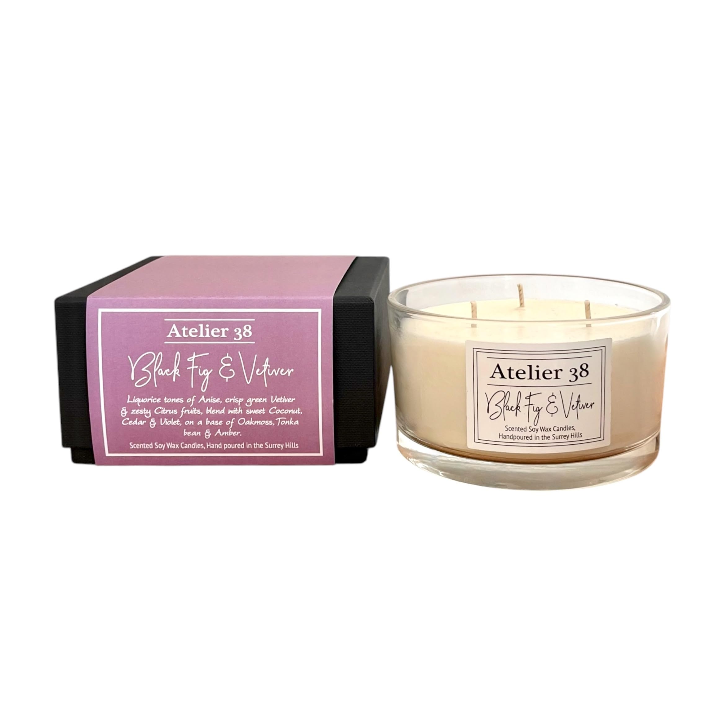 Atelier 38 Black Fig & Vetiver 3 Wick Scented Candle 400G - Luxury Soy Candle, Up To 40 Hour Burn Time, Large Candle Home Fragrance, Long Burning Candle, Housewarming Gift, Made In Surrey Hills