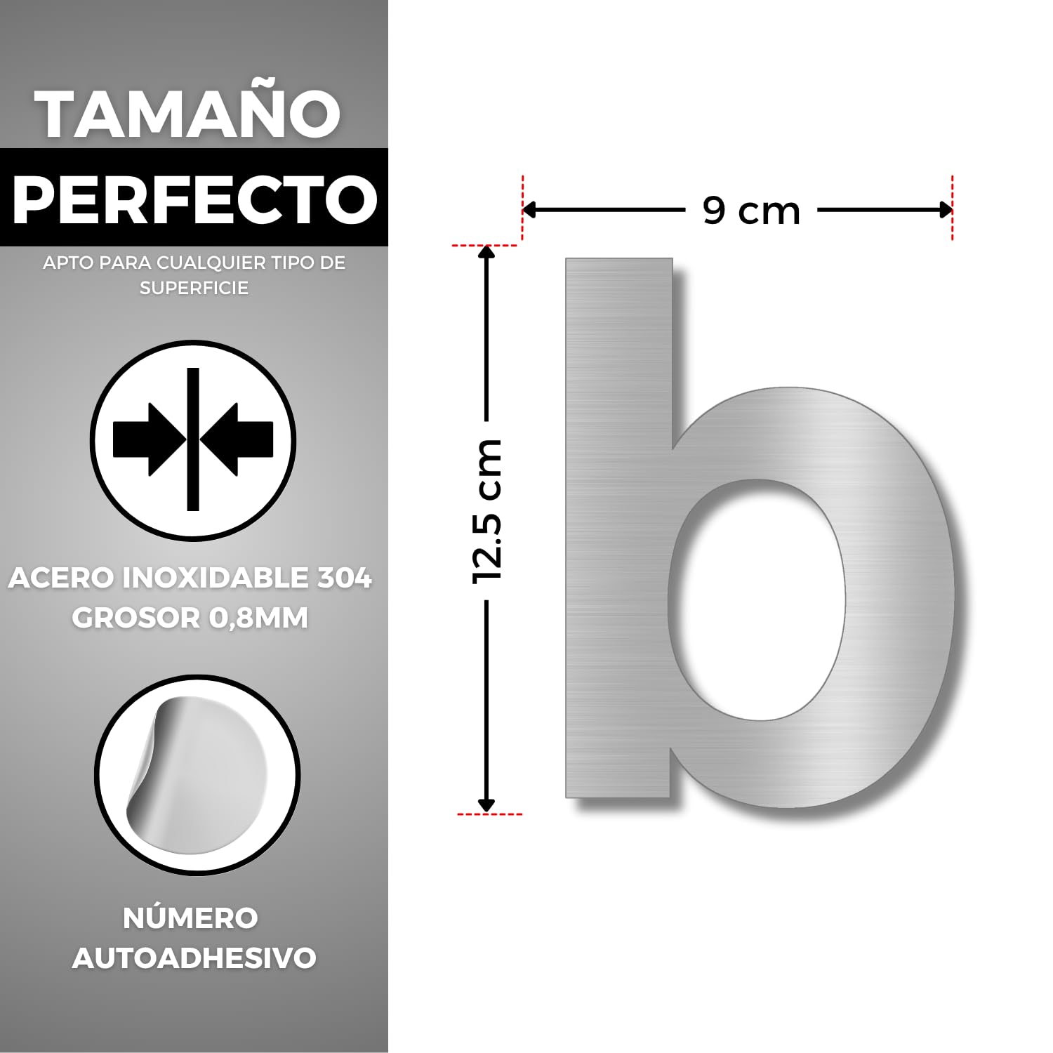 Número Adhesivo - 150 mm - Acero Inoxidable 304 - Nº B - Número Hotel - Enumeración Apartamento Puertas - Número Casa Dirección - Exterior e Interior - Gris B (b, 150mm)